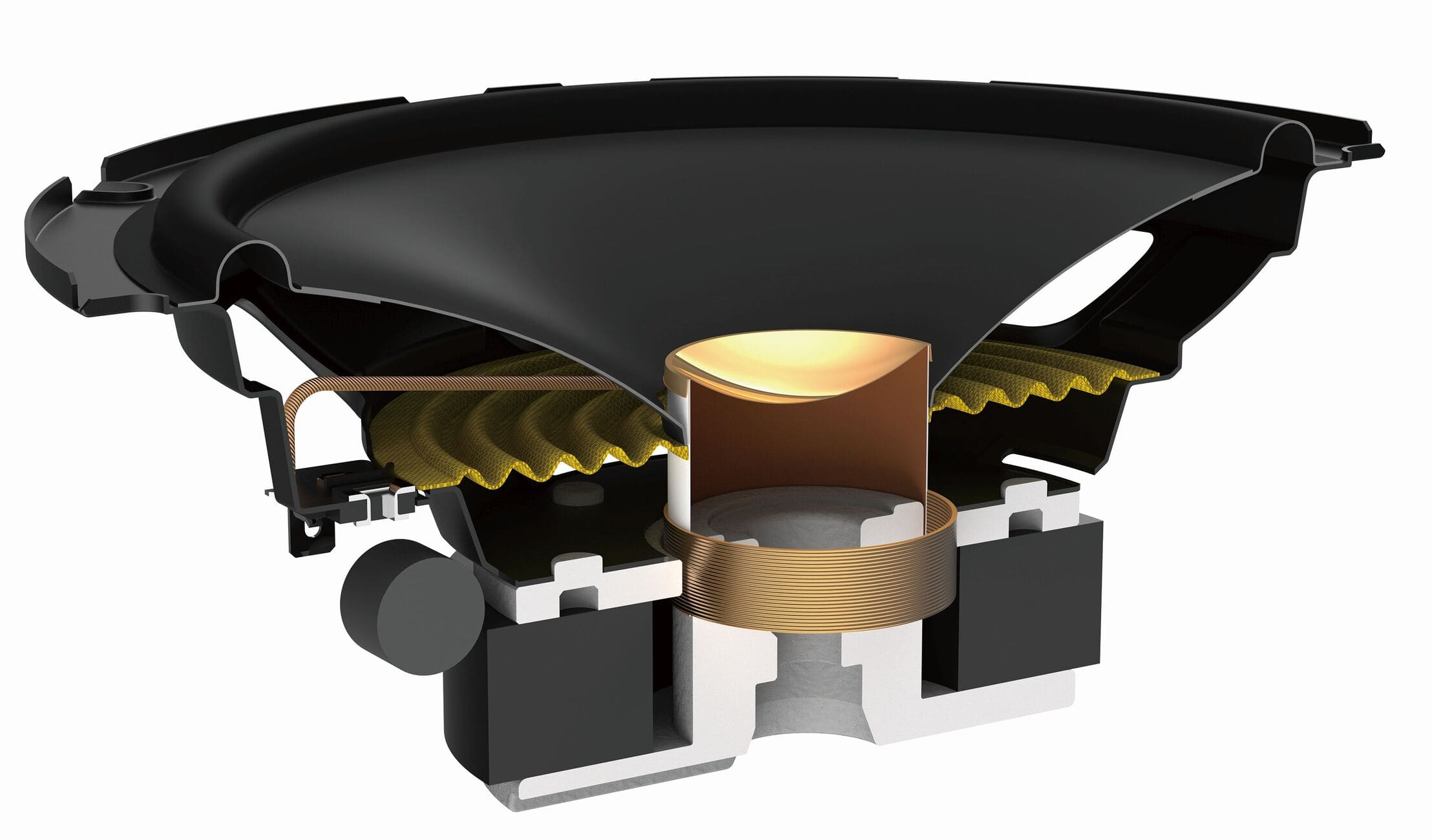 Coupe transversale d'un haut-parleur montre des parties extérieures noires, un cône jaune et des composants internes sur fond blanc.
