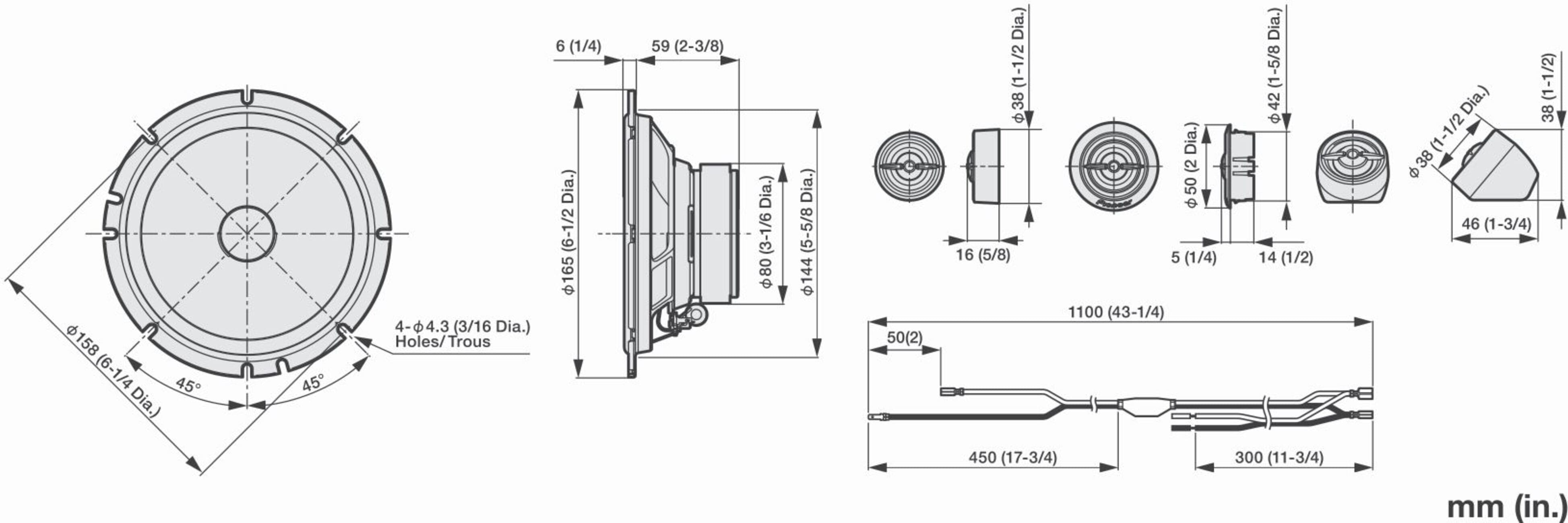 Diagramme d'un haut-parleur de voiture. Montre les dimensions, la vue latérale et les détails du connecteur.