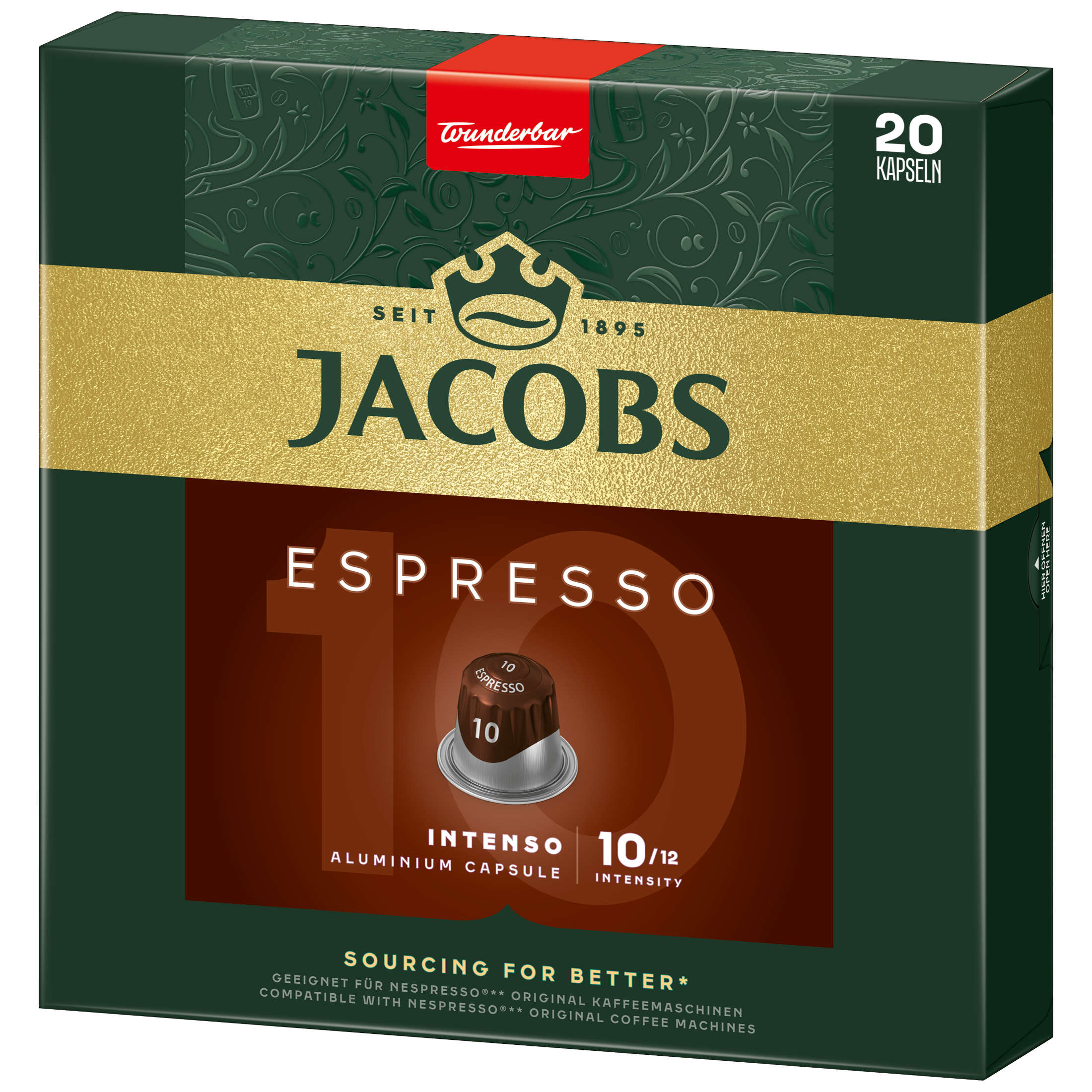 Eine Schachtel Jacobs Espresso Kaffeekapseln, mit goldenem und grünem Design.