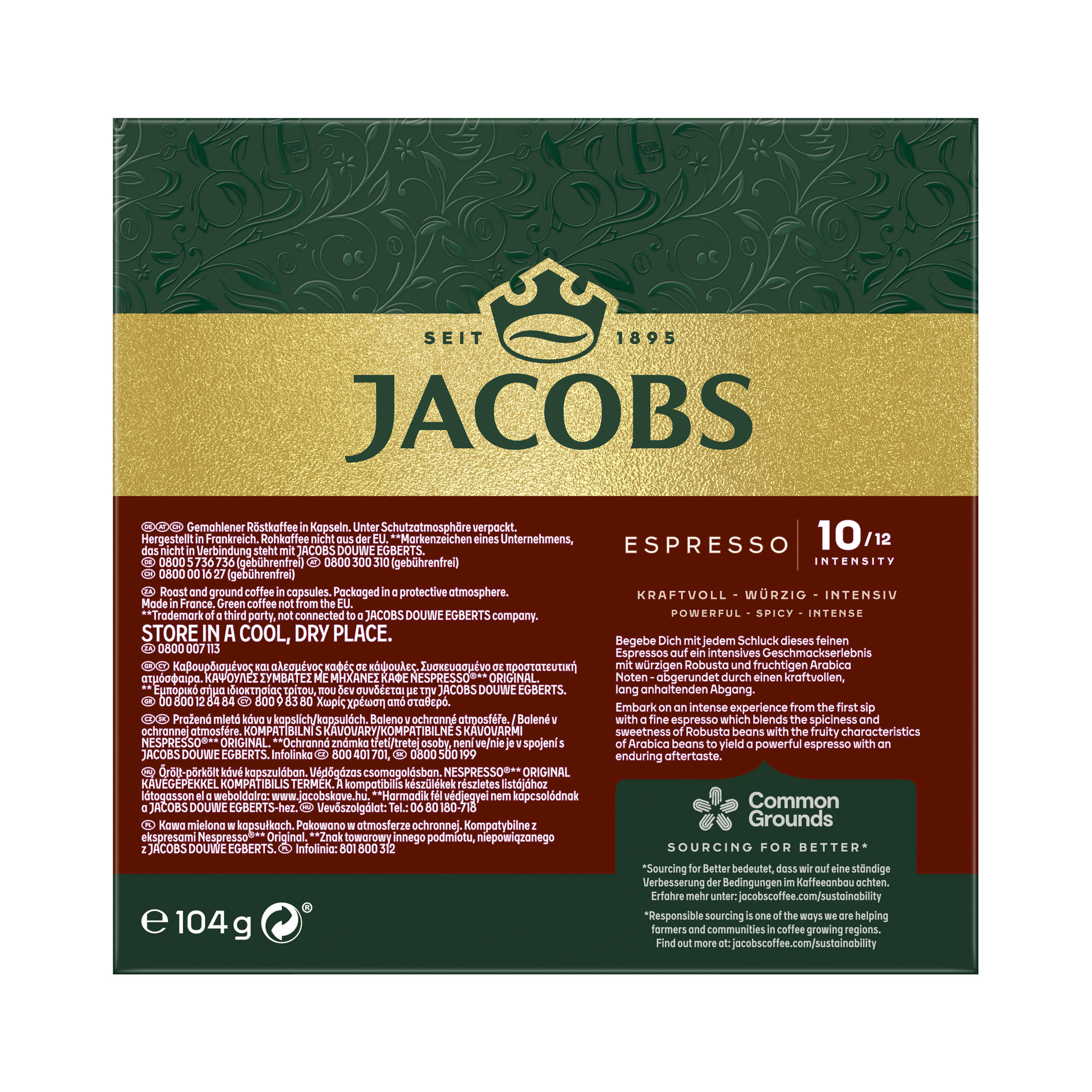 Eine Dose Jacobs Espresso Kaffee mit Text, einschließlich 'Espresso 10/12 Intensität' und Geschmacksnoten.