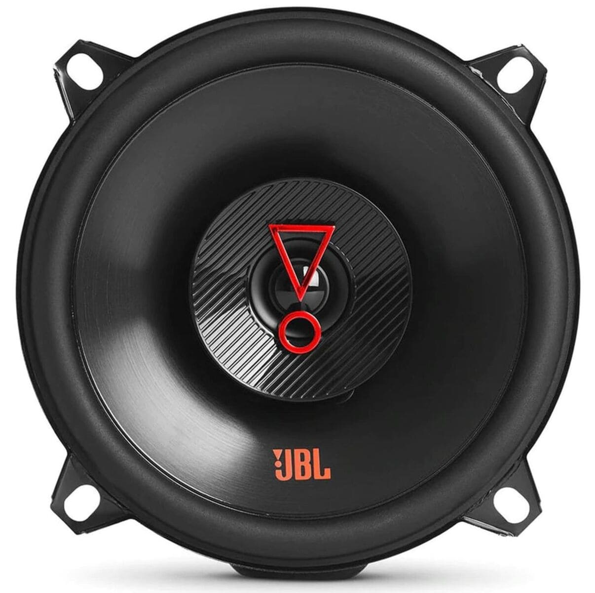 Ein Autolautsprecher, schwarzer Konus mit rotem JBL-Logo auf weißem Hintergrund.