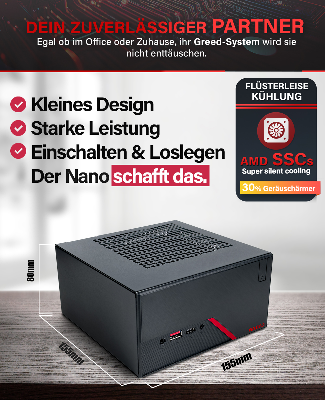 Schwarzer Mini-Computer mit roten Akzenten. Text sagt 'Kleines Design', 'Starke Leistung' und 'Der Nano schafft das'.