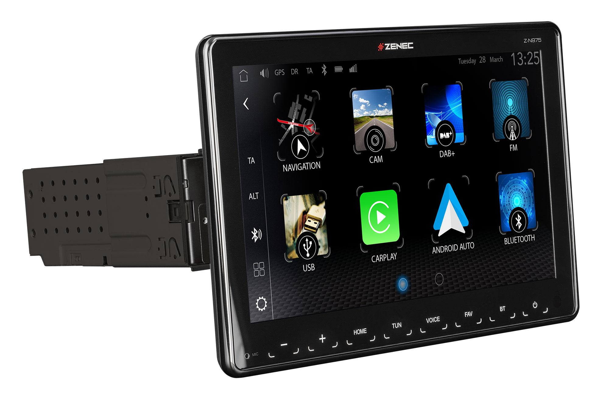 Touchscreen-Multimedia-System für Autos mit App-Symbolen für Navigation und Medien.