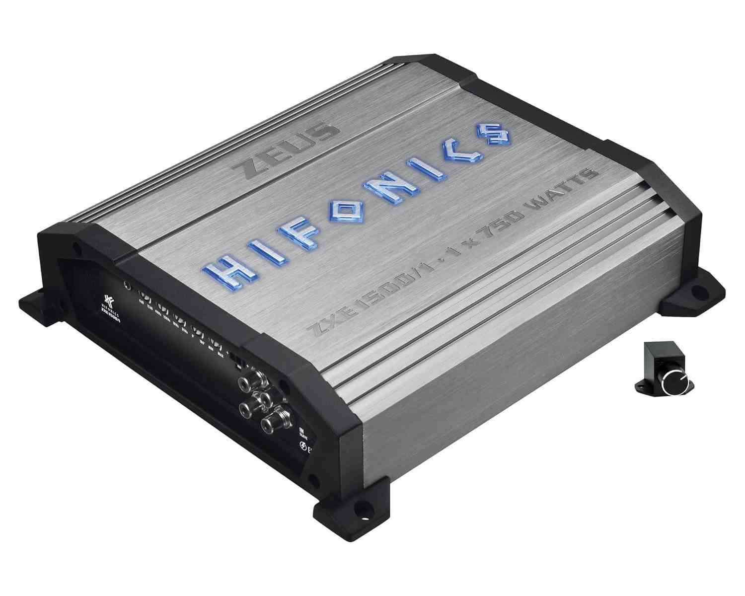Silber-schwarzer Auto-Audioverstärker. Er hat mehrere Anschlüsse und den Markennamen Hifonics.