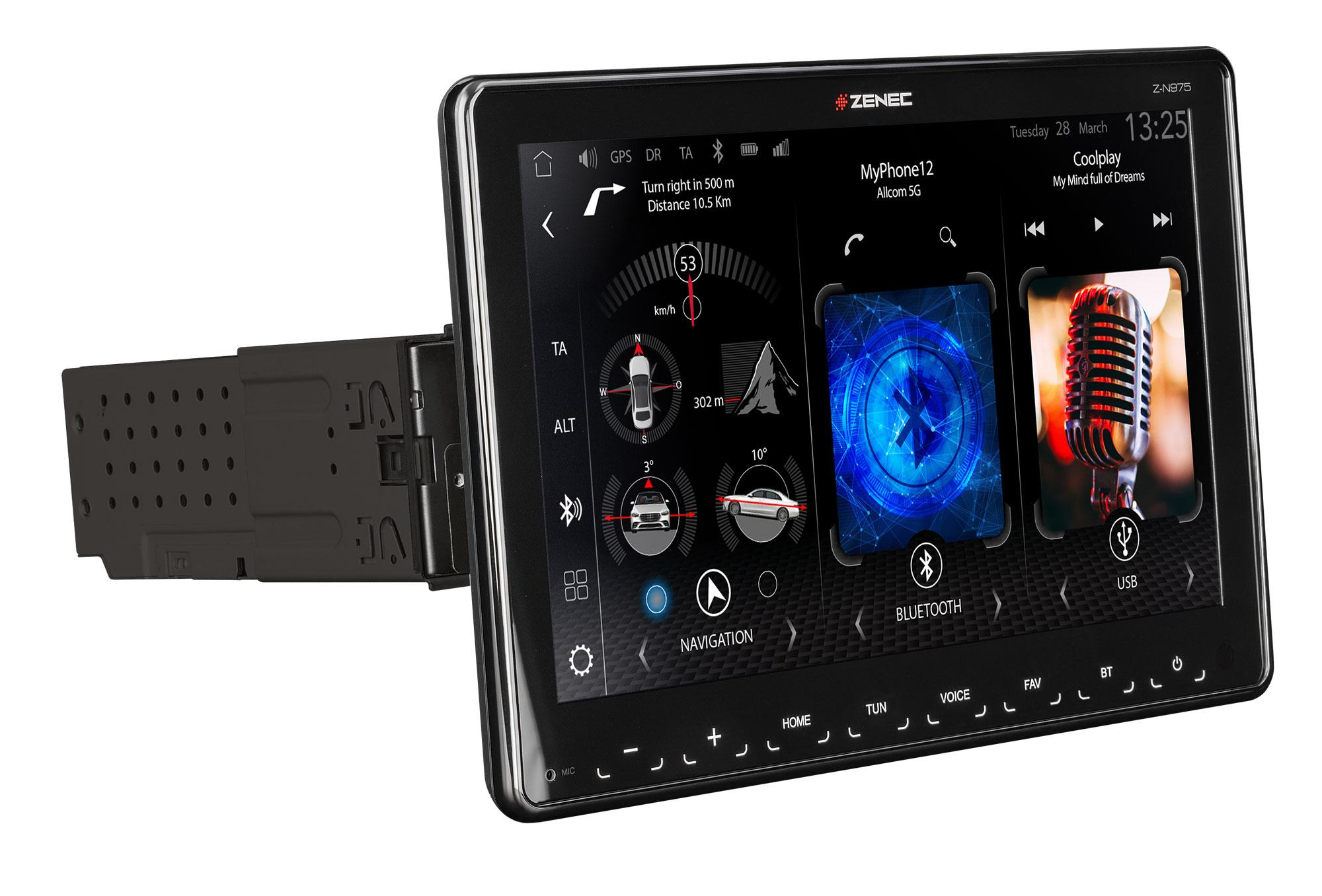Auto-Multimedia-System, schwarzer Bildschirm mit Navigations- und Musikoberfläche. Tasten unten. Linke Seite mit Adapter.