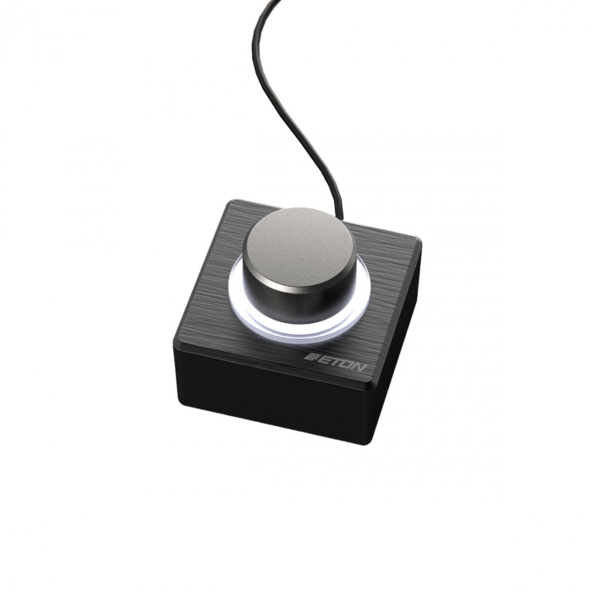 Ein schwarzer und silberner Drehknopf auf quadratischer Basis mit Kabel.