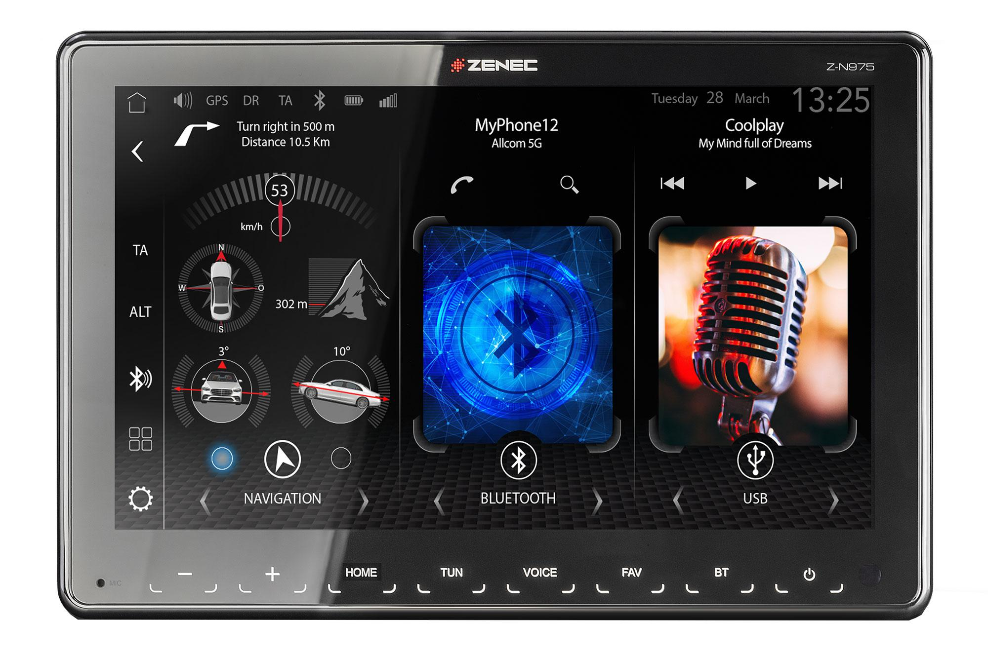 Auto-Navigationssystem. Zeigt GPS-, Bluetooth- und Musikinformationen. Schwarzer Bildschirm.