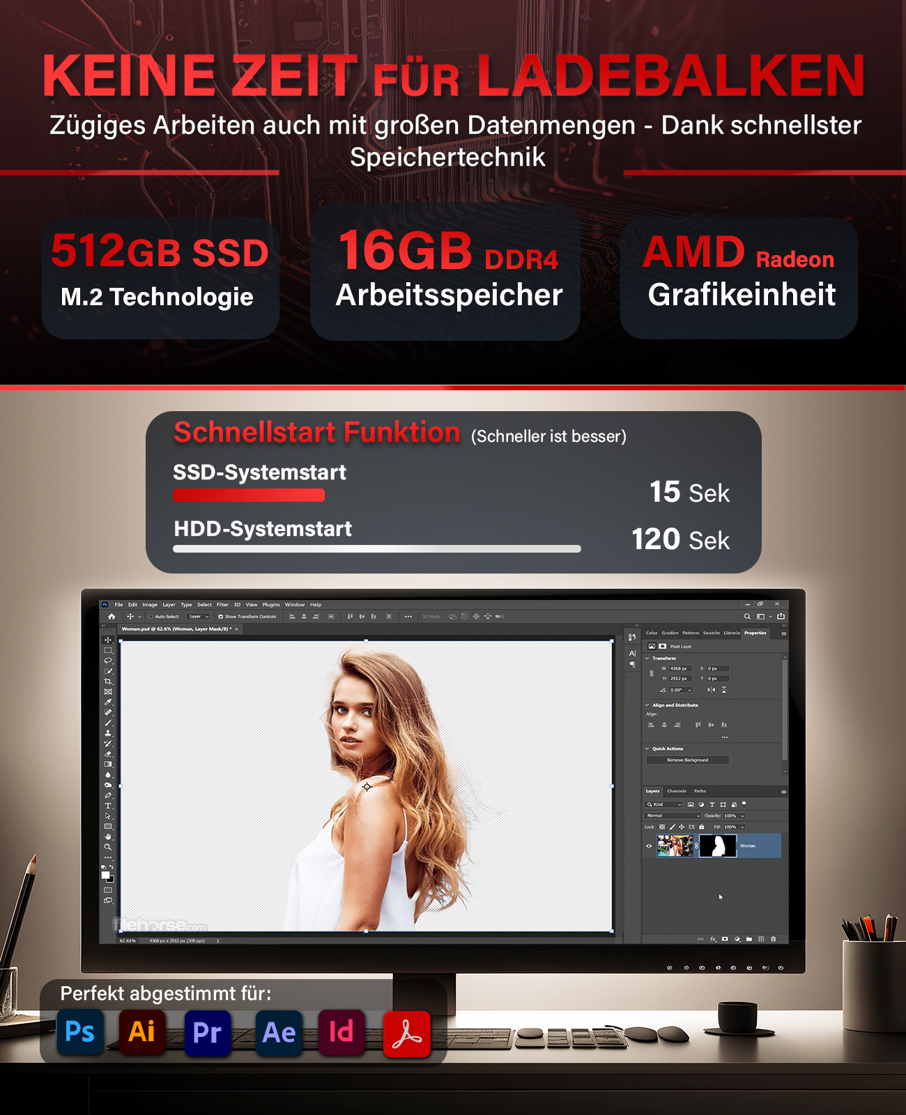 Ein Computerbildschirm, der das Gesicht einer Frau mit Photoshop-Oberfläche zeigt. Text über SSD, RAM und AMD Radeon.