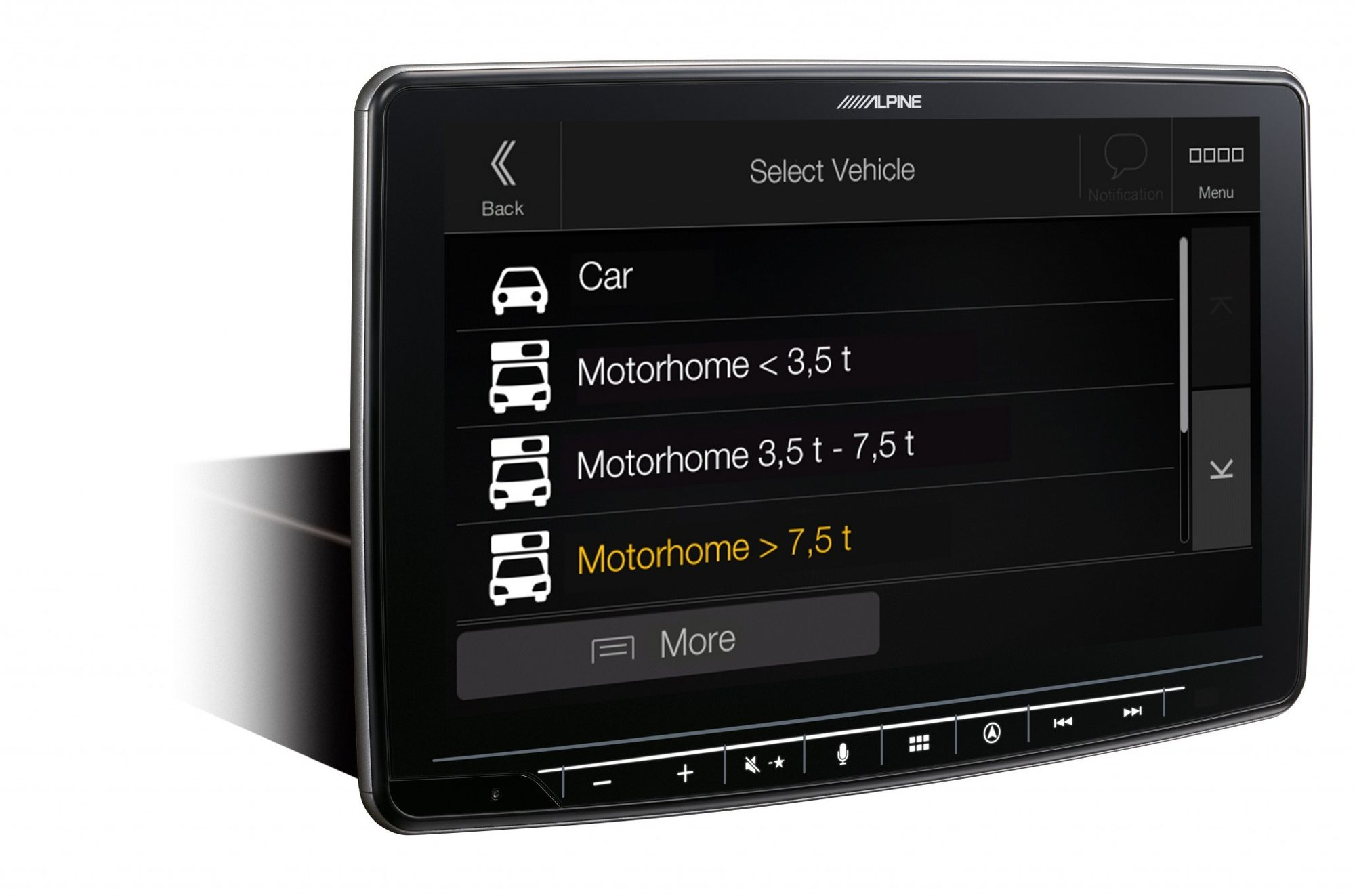 Ein Auto-Infotainment-Bildschirm, der Fahrzeugauswahloptionen anzeigt.