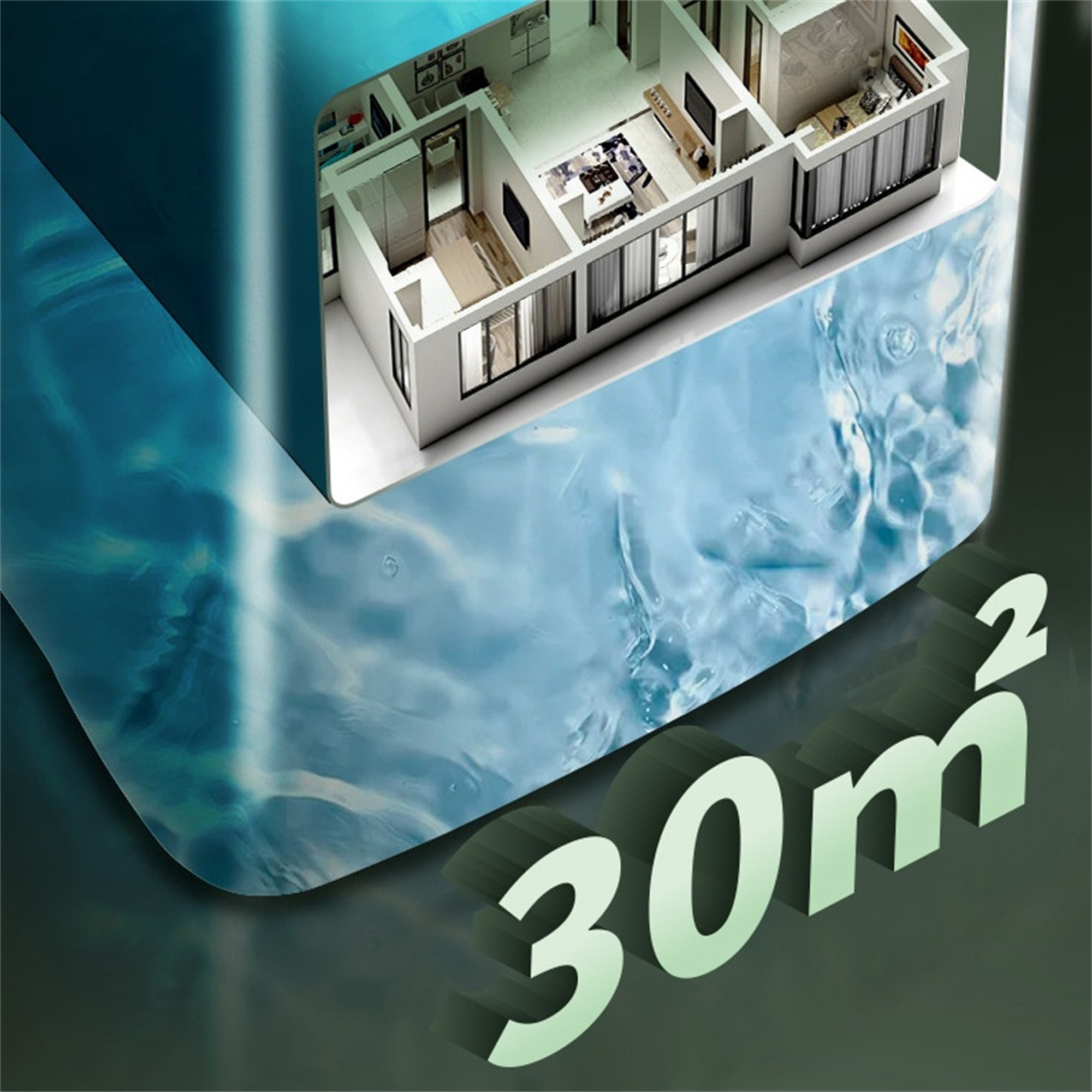 Ein Querschnitt eines Hauses, der einen Wohnraum zeigt, der in blaues Wasser getaucht ist, mit der Zahl '30 m²'.
