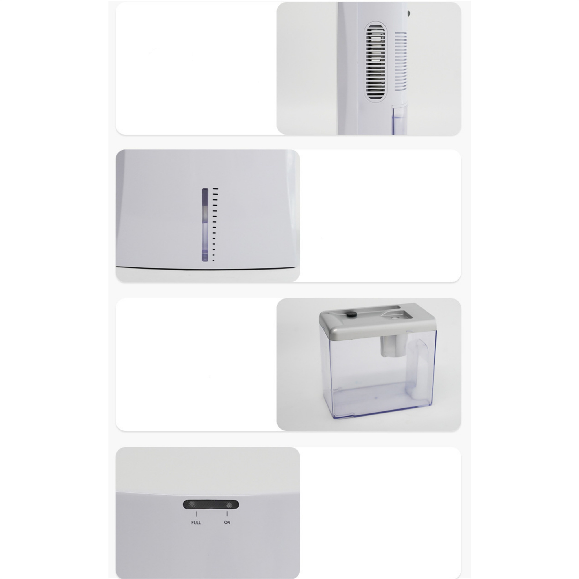 Bilder eines weißen Luftbefeuchters mit Details. Er hat einen Ventilator, eine Wasserstandsanzeige und einen Wassertank.