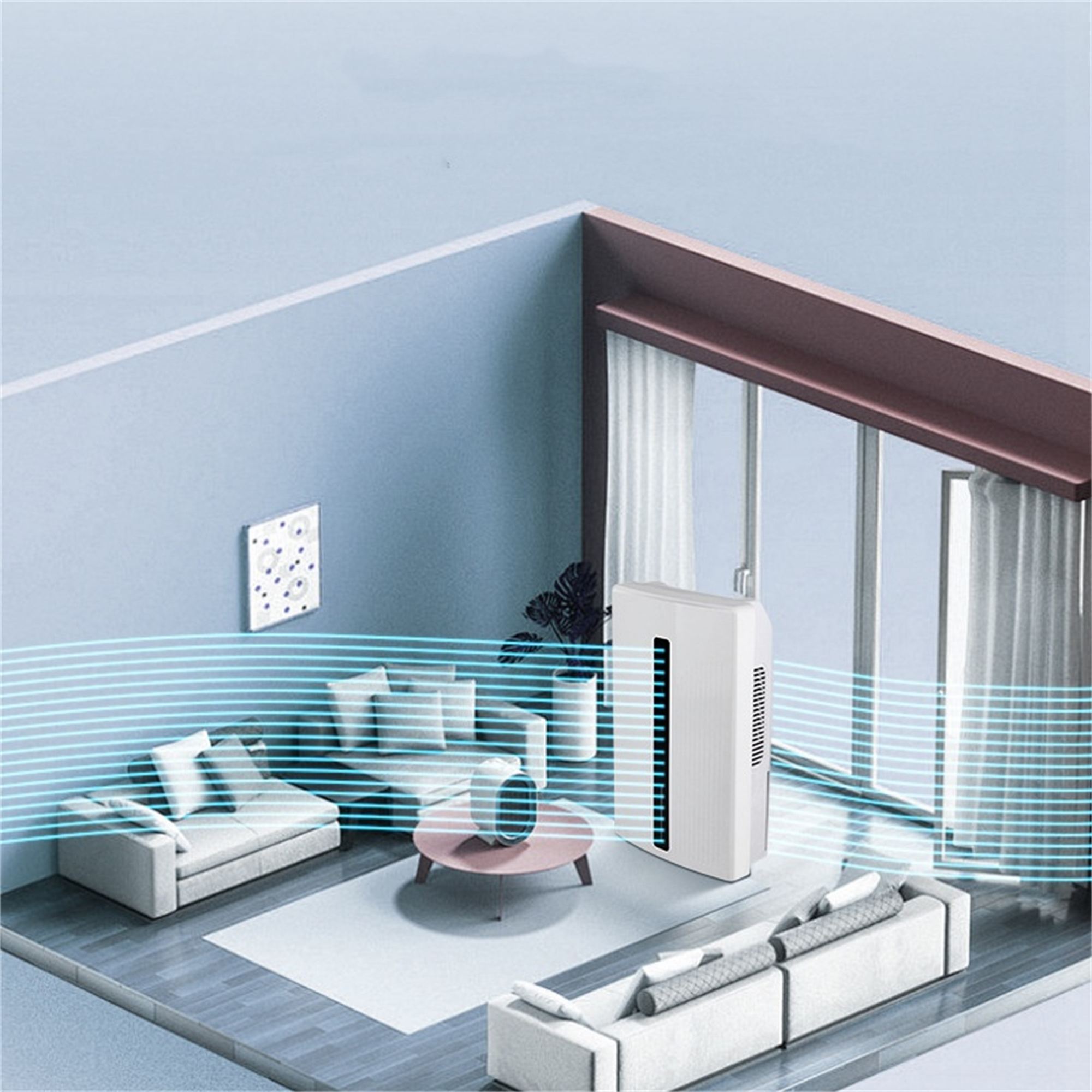 Wohnzimmer mit weißem Luftreiniger und zwei Sofas. Blaue Luft strömt aus dem Reiniger.