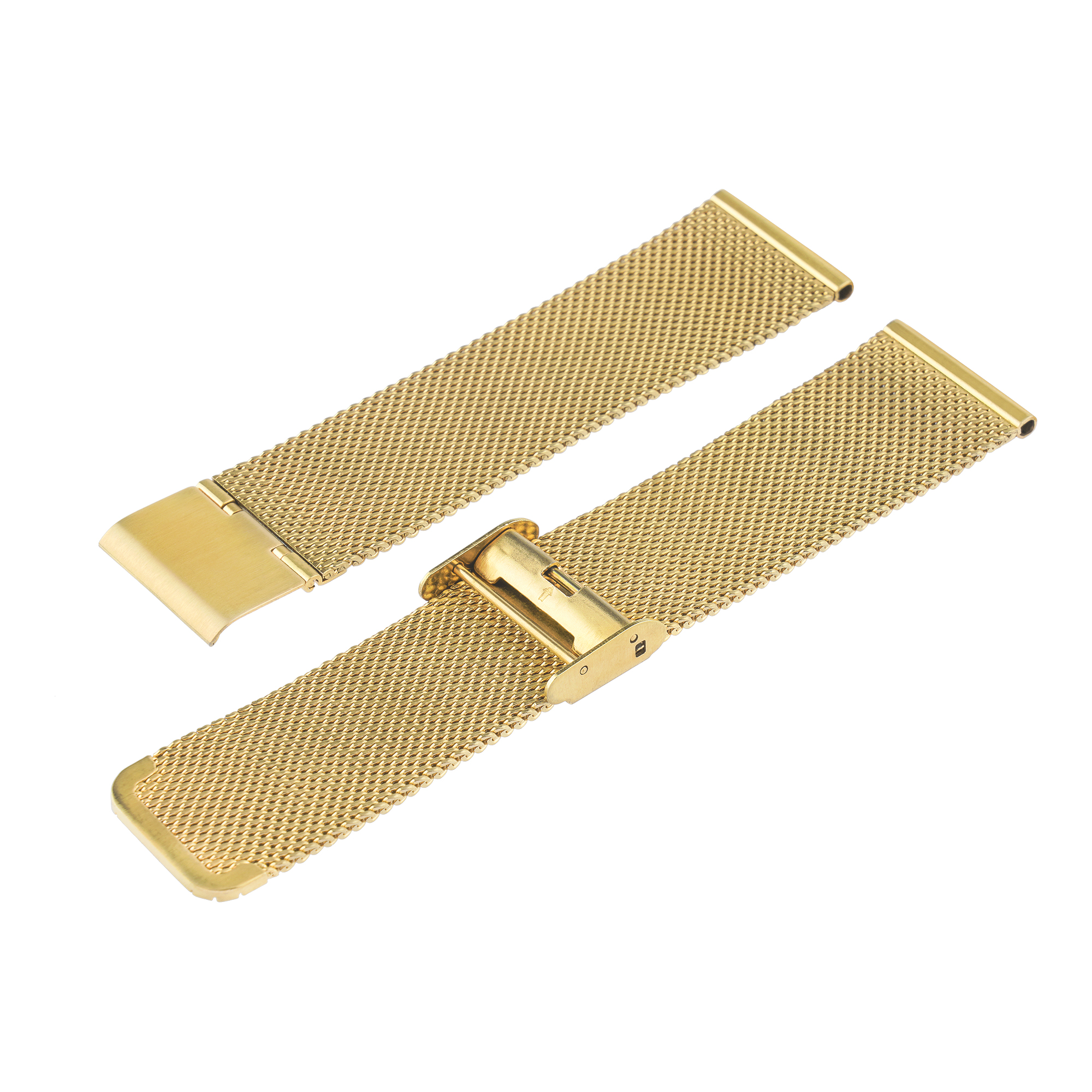 Zwei goldene Uhrenarmbänder aus Mesh, mit einem Verschluss an einem Ende.