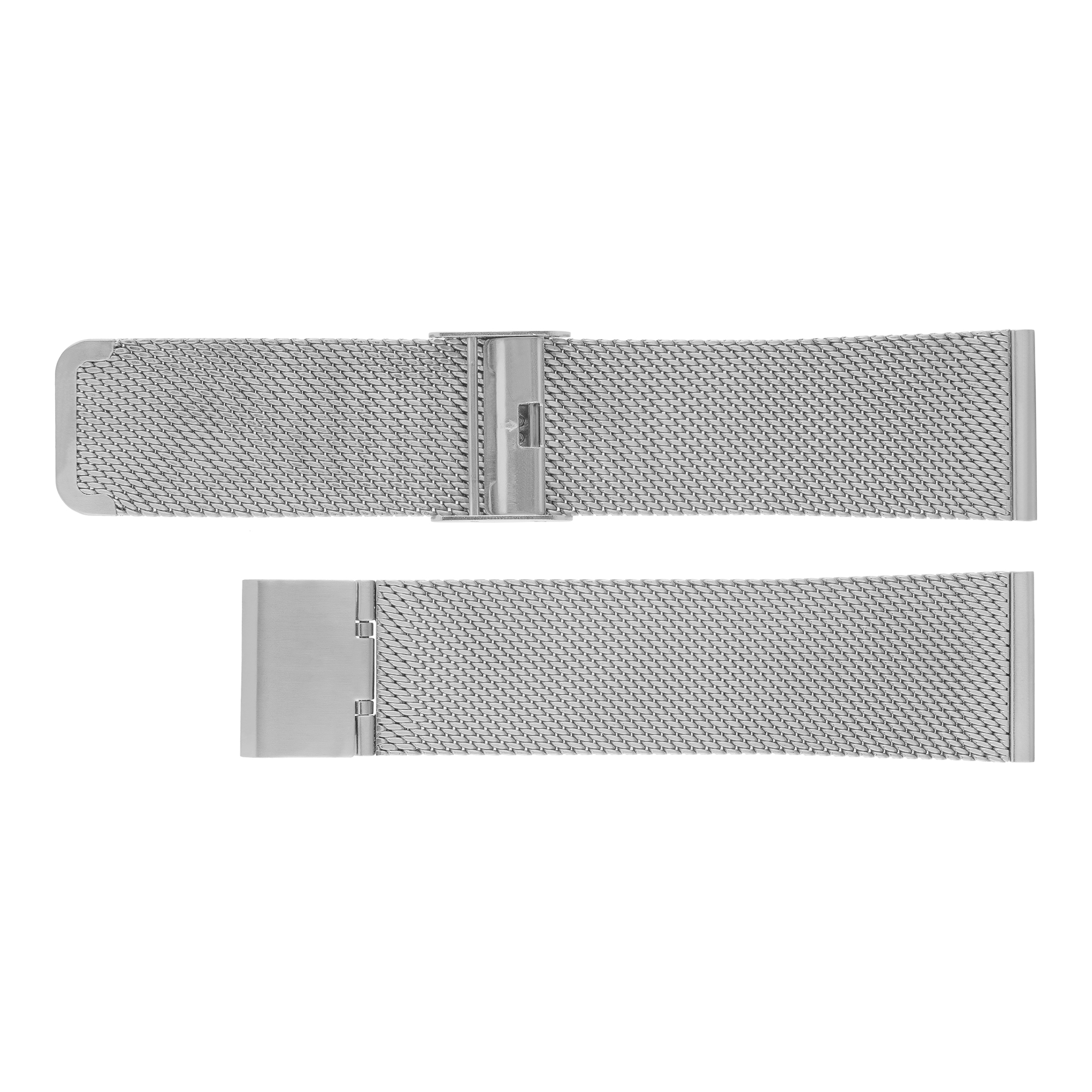 Zwei silberne Uhrenarmbänder mit Mesh-Design. Weißer Hintergrund.