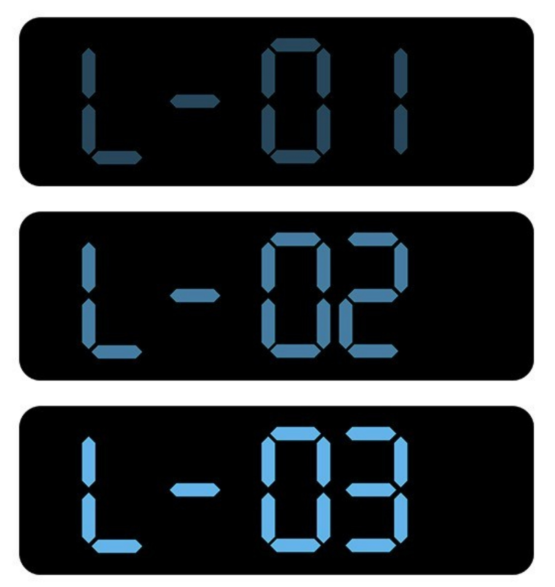 Drei digitale Anzeigen. Jede zeigt eine Zahl: L-01, L-02 und L-03. Blaue Ziffern auf Schwarz.