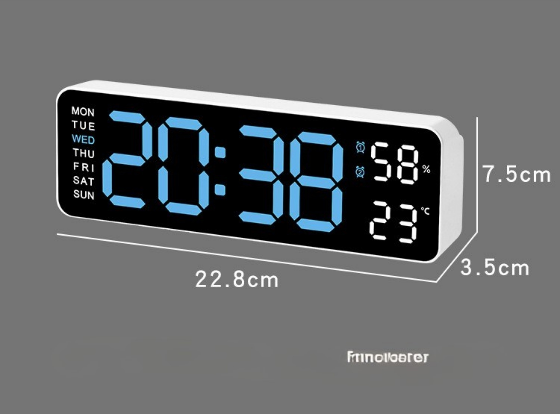 Eine Digitaluhr, die Tag, Zeit, Datum, Temperatur und Luftfeuchtigkeit anzeigt. Sie ist weiß und rechteckig.