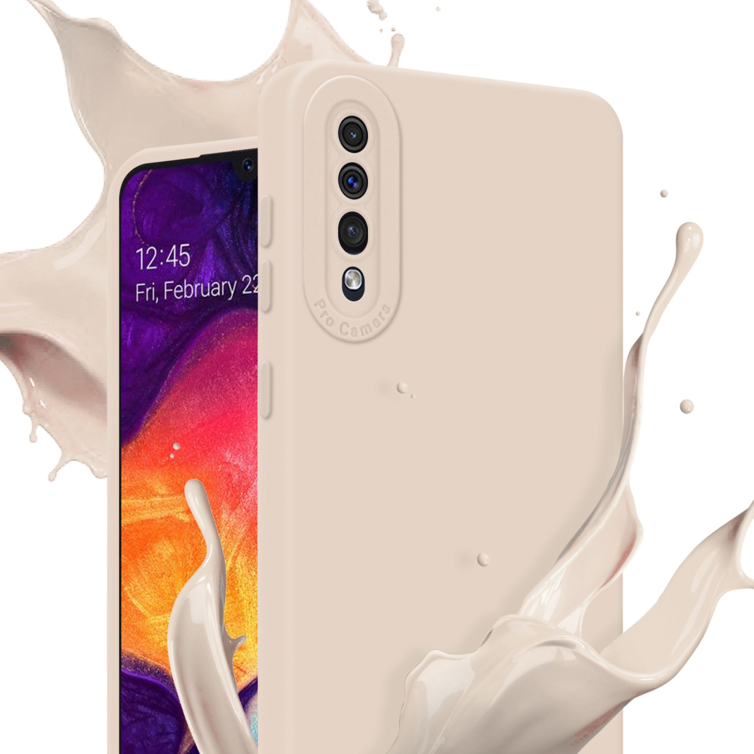 Beige Handyhülle mit Telefon, mit Dreifachkamera und Cremespritzer.