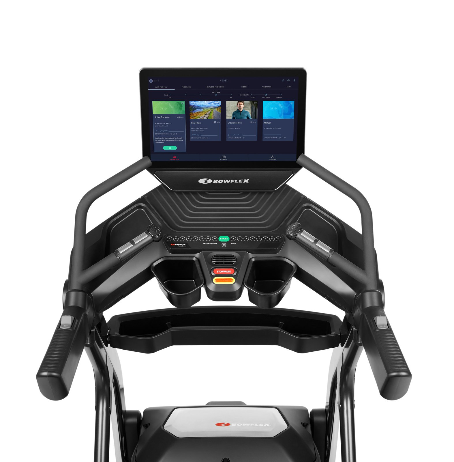 Schwarze und graue Bowflex-Trainingsmaschine mit Bildschirm.