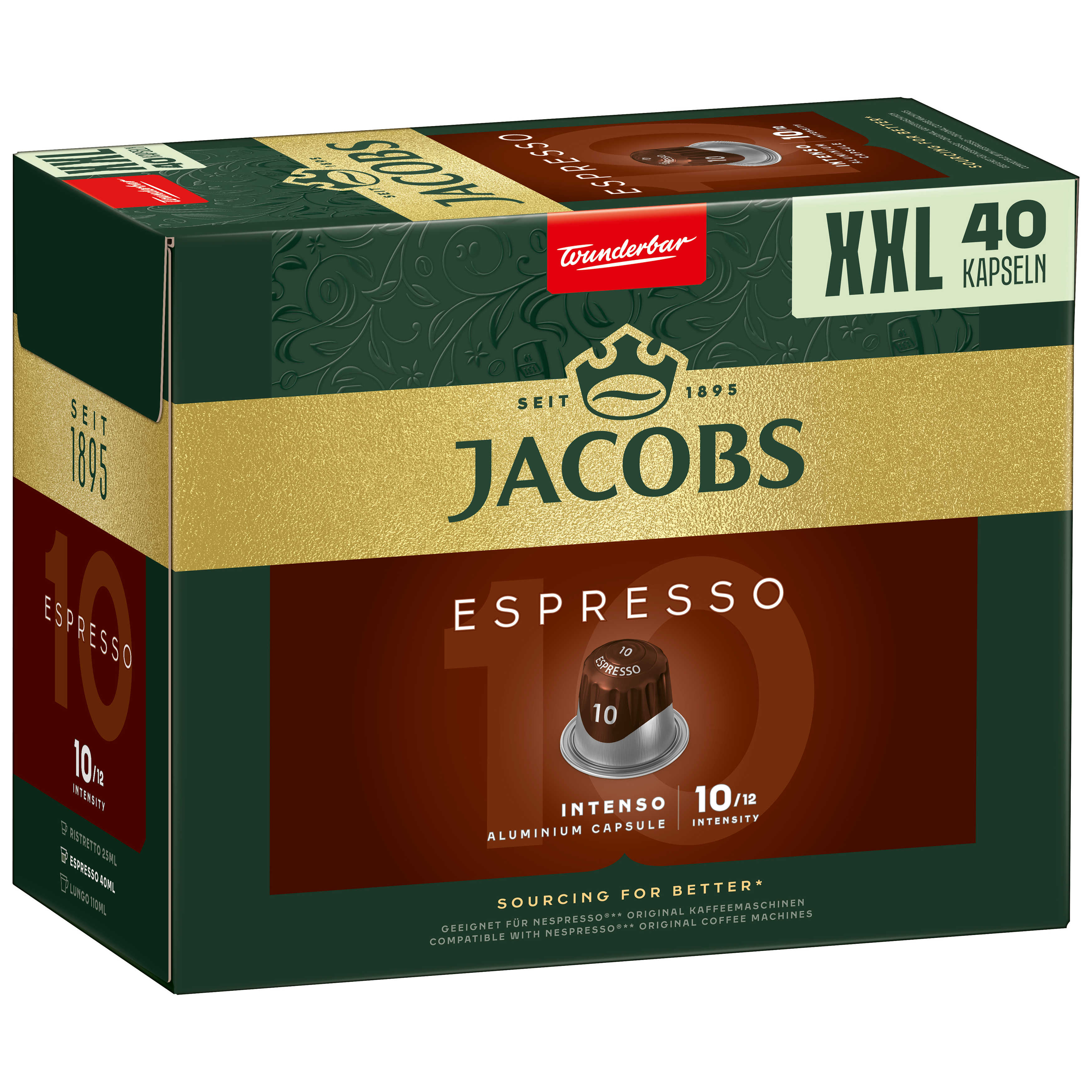 Boîte de café Jacobs Espresso avec capsules, vert foncé, dorures et détails rouges.