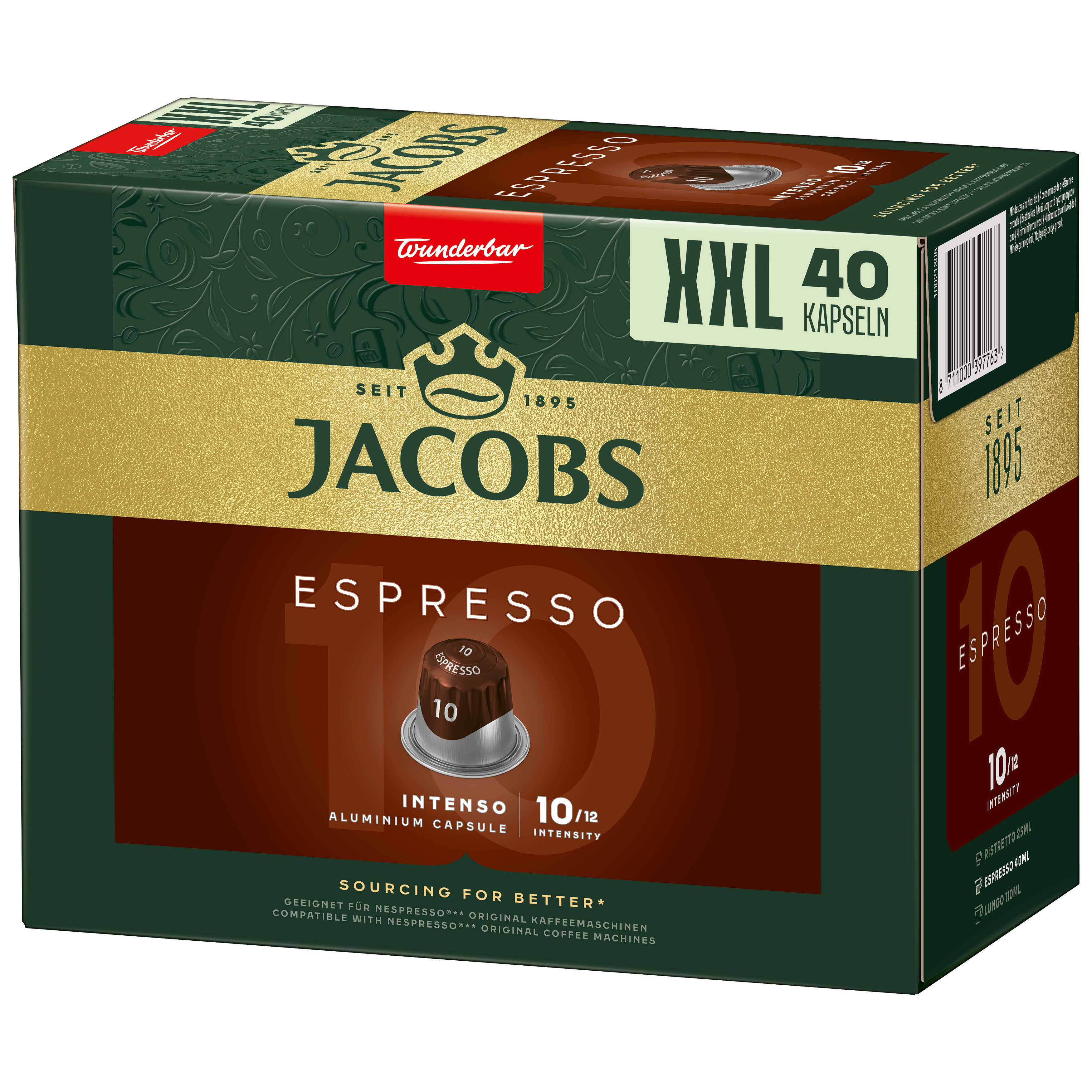 Boîte de capsules de café Jacobs Espresso. Design vert et marron, 40 capsules, logo espresso.