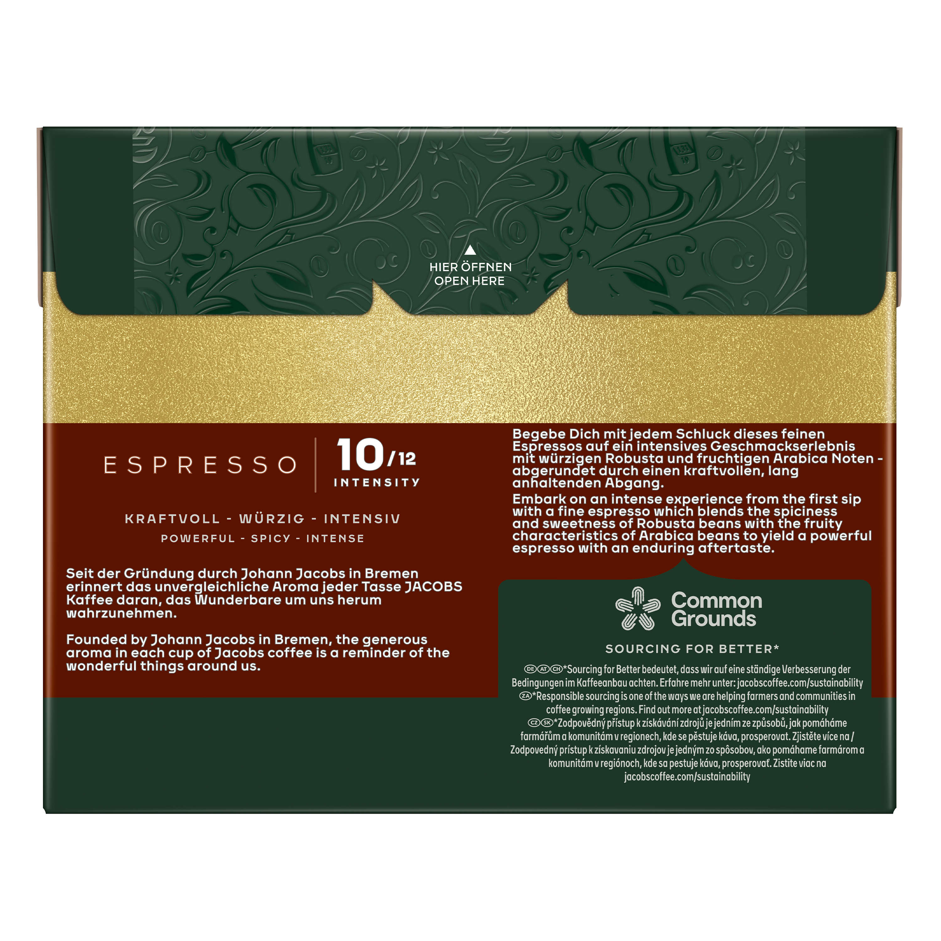 Espresso-Kaffeepackung mit Text über Kaffee. Gold- und Grüntöne, Nahaufnahme.