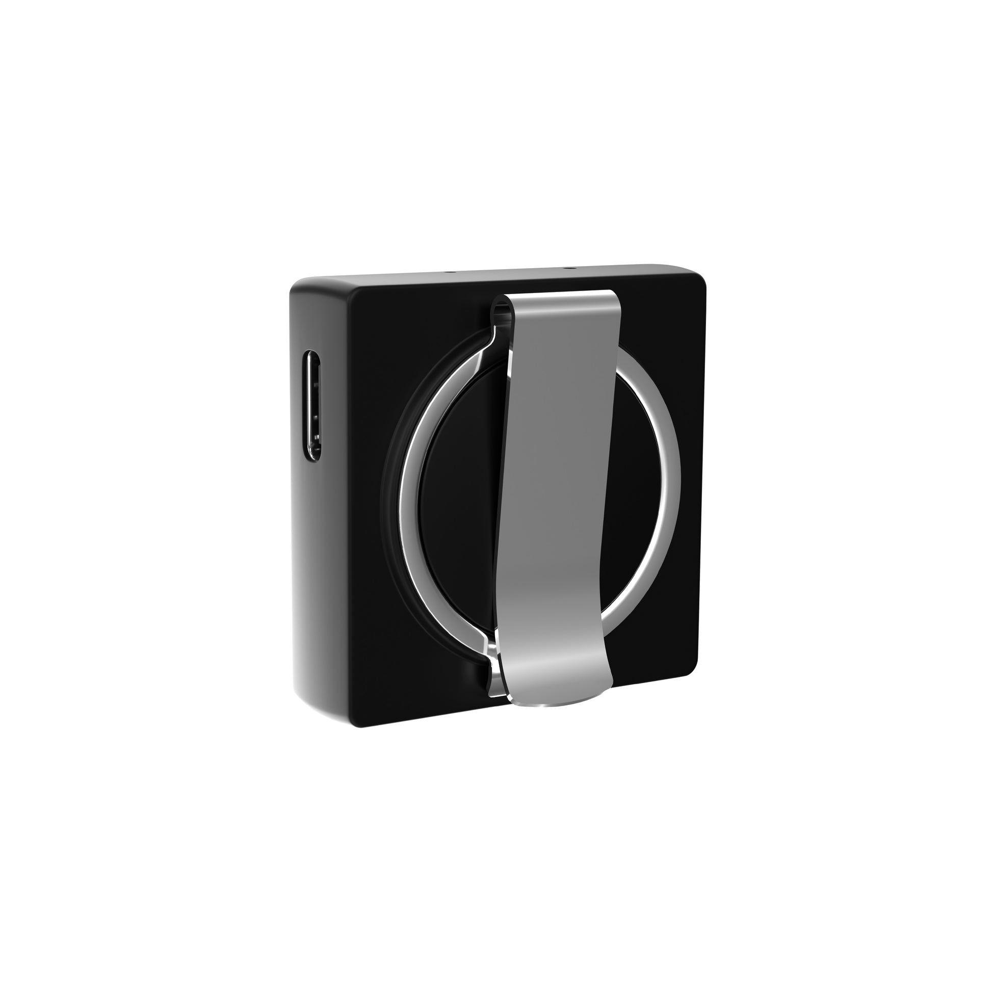 Dispositivo quadrato nero con clip argentata. Sfondo bianco.