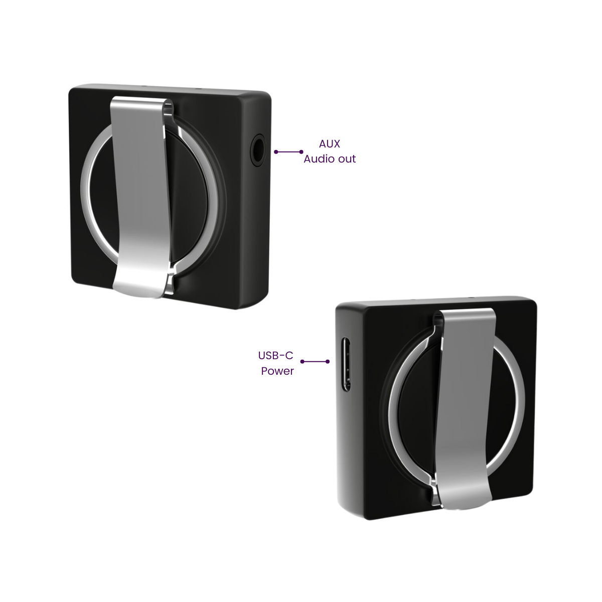 Due dispositivi quadrati neri con clip argentate, uno con AUX e l'altro con porta USB-C.