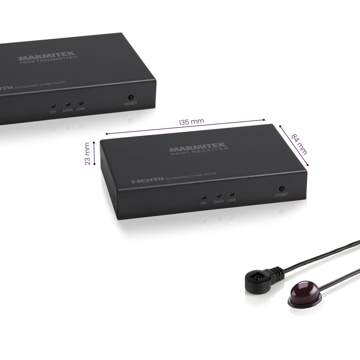 Two black HDMI extenders with dimensions marked.