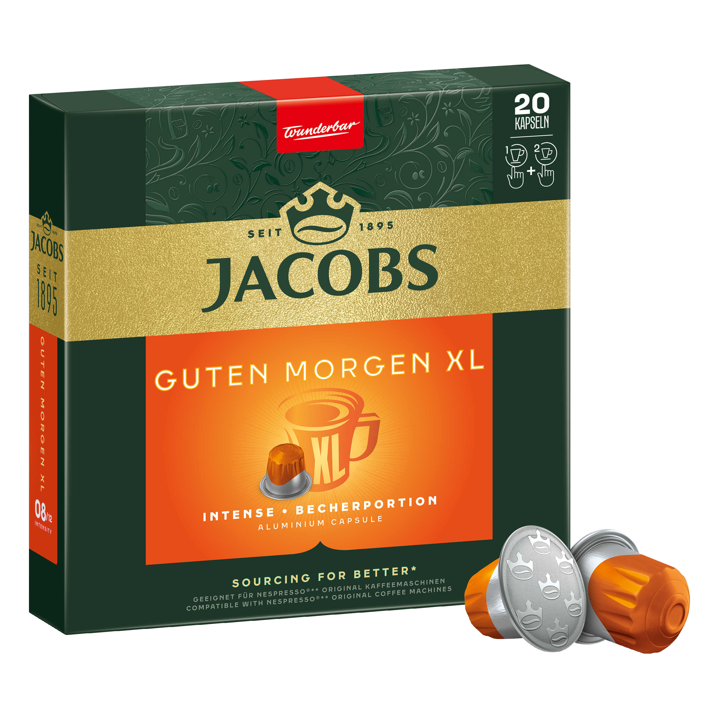 Jacobs Kaffeepackung mit 20 Kapseln. Orange und silberne Kaffeekapseln liegen außerhalb der Packung.