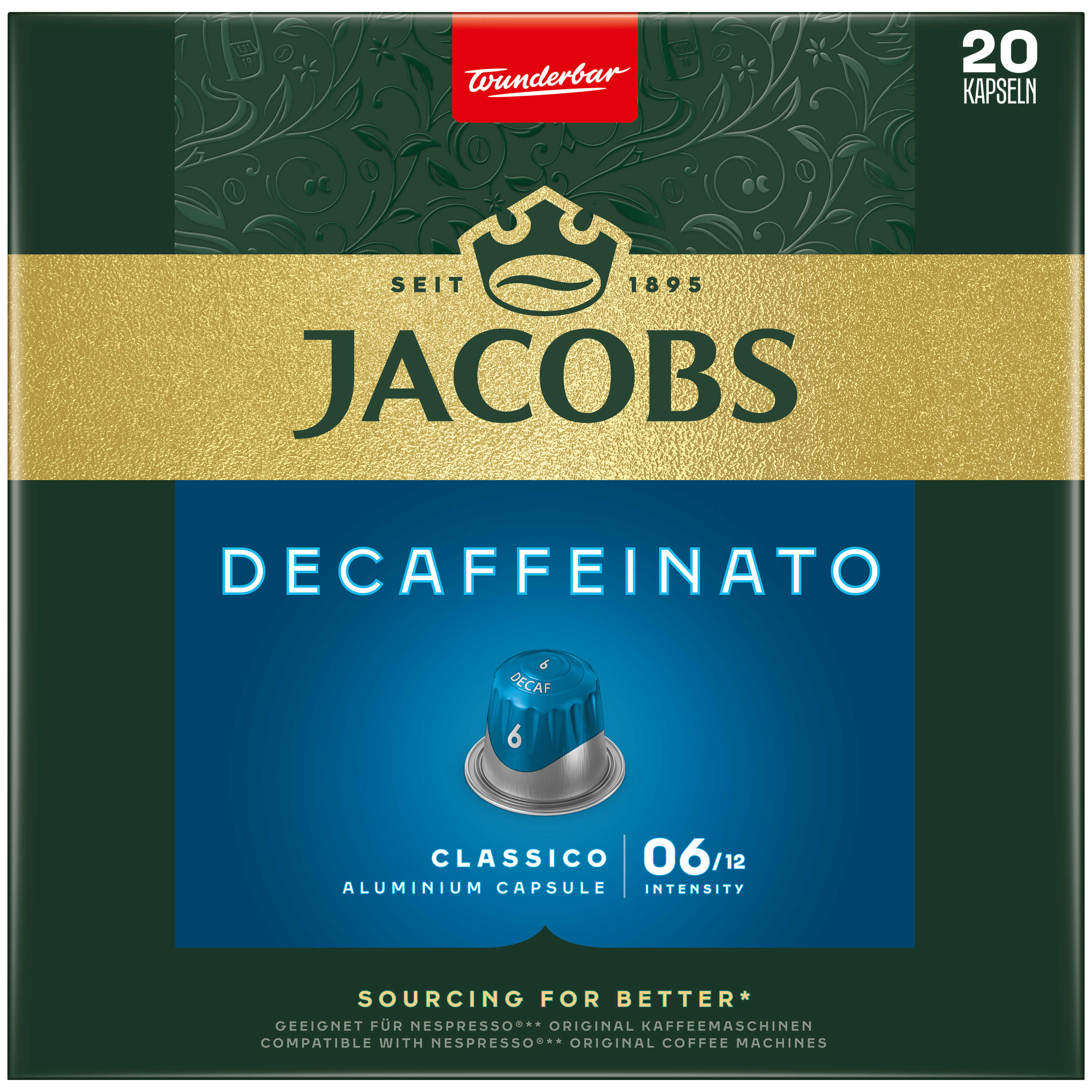 Jacobs Decaffeinato Kaffeekapseln-Box. Grün- und Goldtöne dominieren. Decaf-Etikett sichtbar.