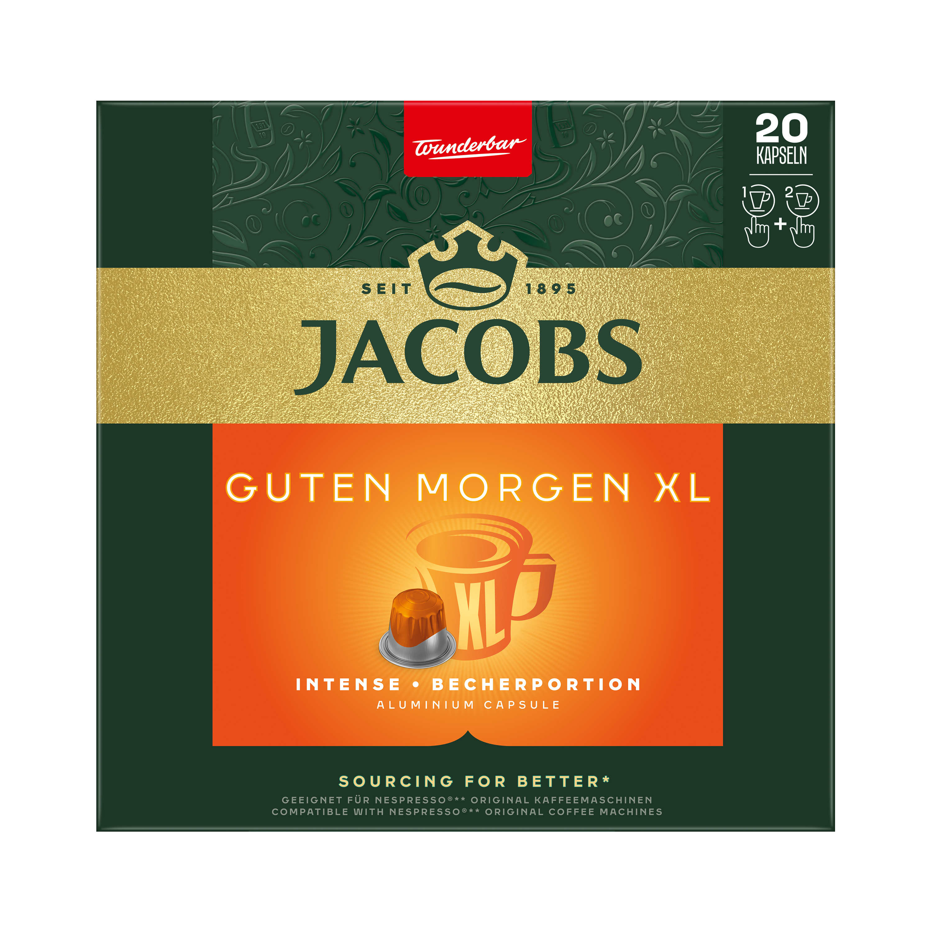 Eine Kaffeekapsel-Box mit dem Text 'Guten Morgen XL'. Orange und grüne Farben.