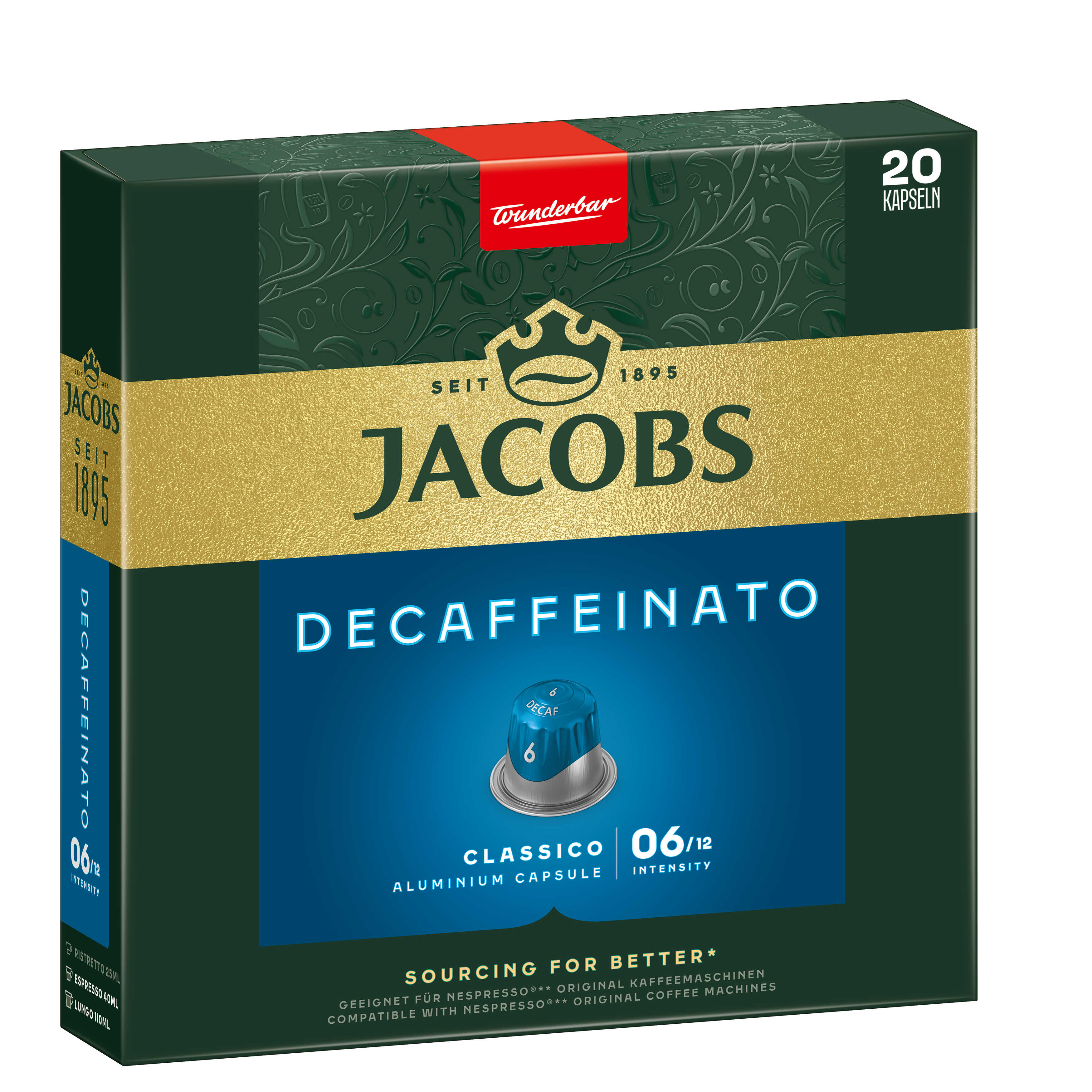Schachtel mit Jacobs Decaffeinato Kaffeekapseln.