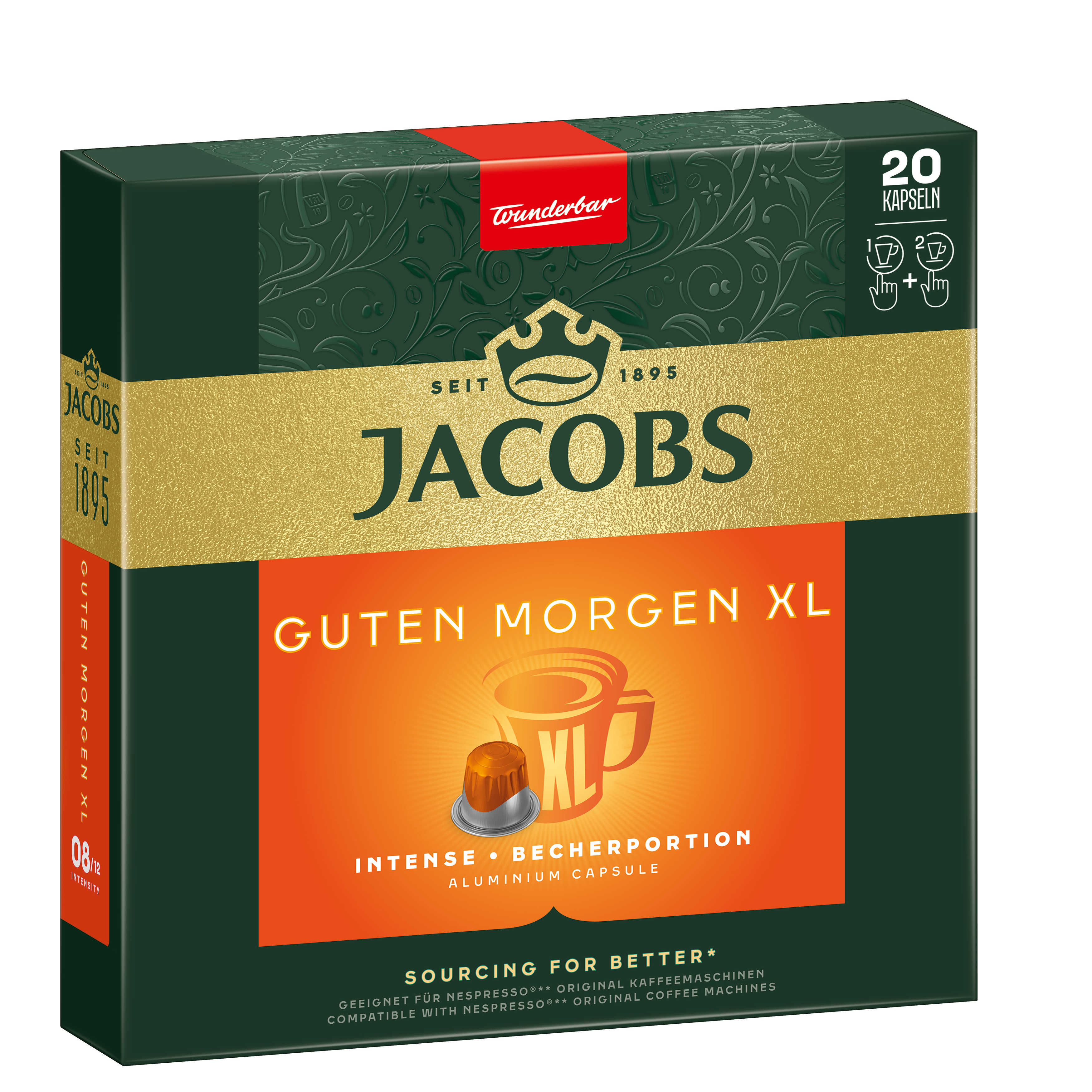 Schachtel mit Jacobs Kaffeekapseln, grün und orange. Es steht 'Guten Morgen XL'.