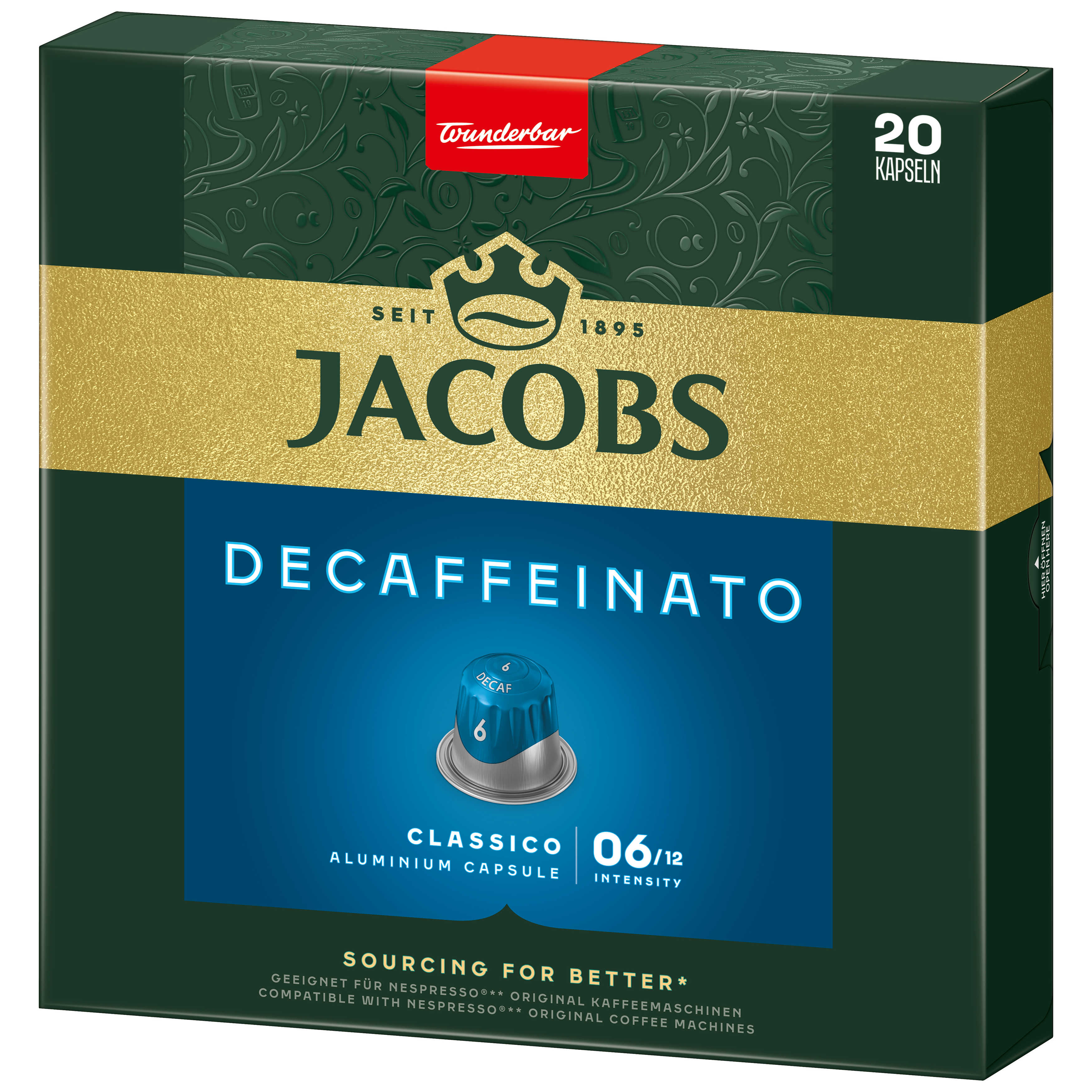 Kaffeebox, grün und gold, mit einer blauen Kaffeekapsel.
