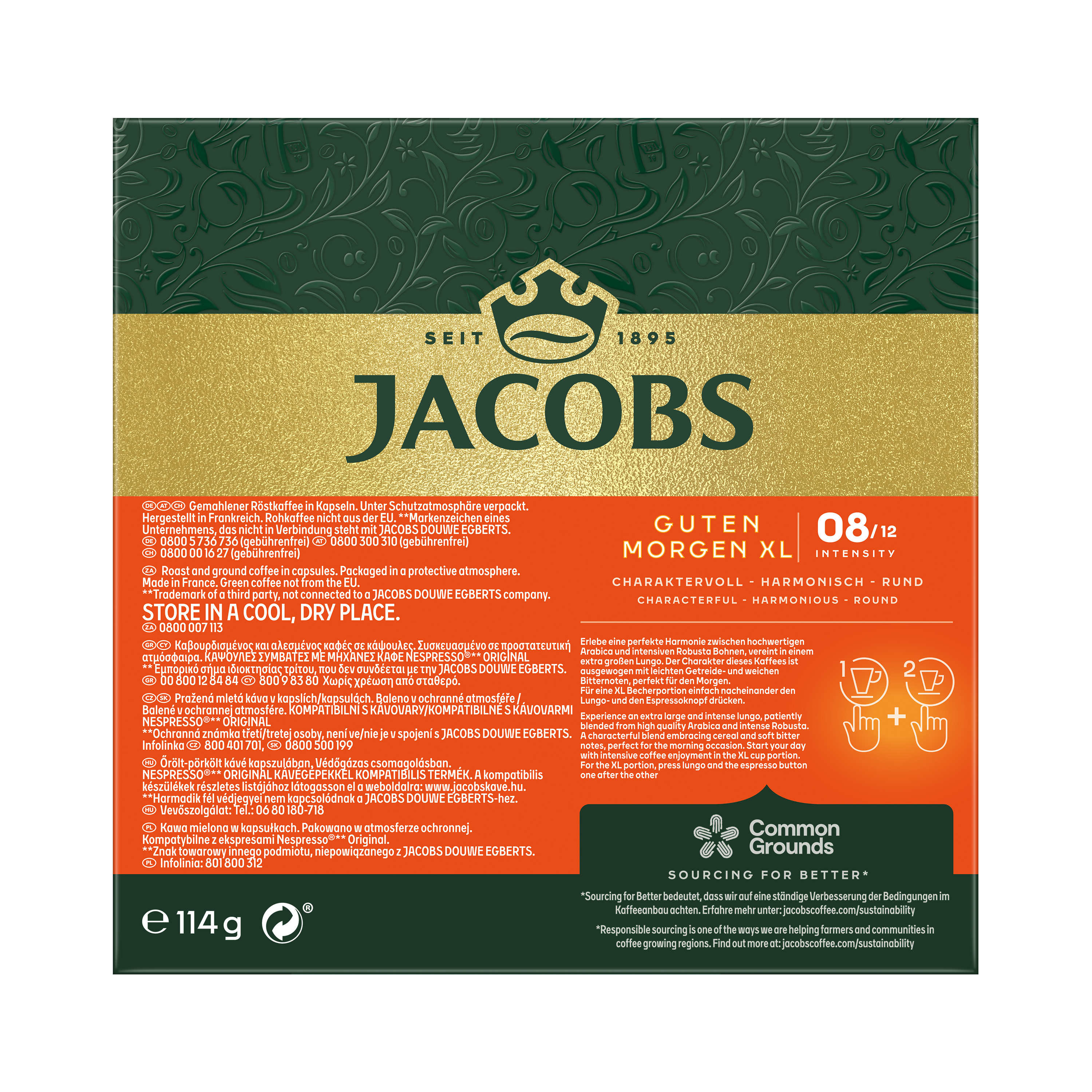 Jacobs Kaffeeverpackung. Text auf Deutsch. Text: Guten Morgen XL.