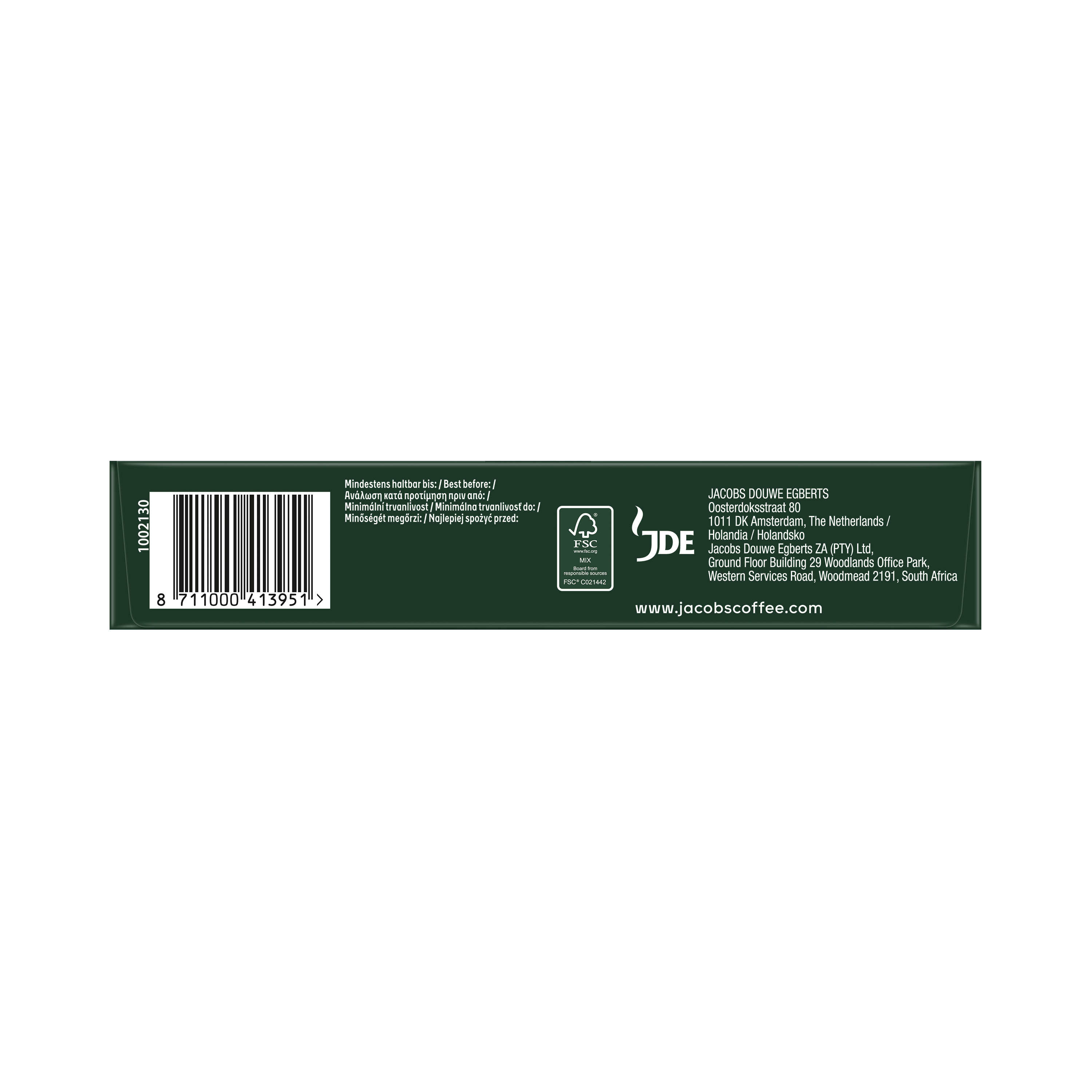 Eine Jacobs-Kaffeeverpackung. Sie hat einen Barcode und Informationen über das Unternehmen auf grünem Hintergrund.