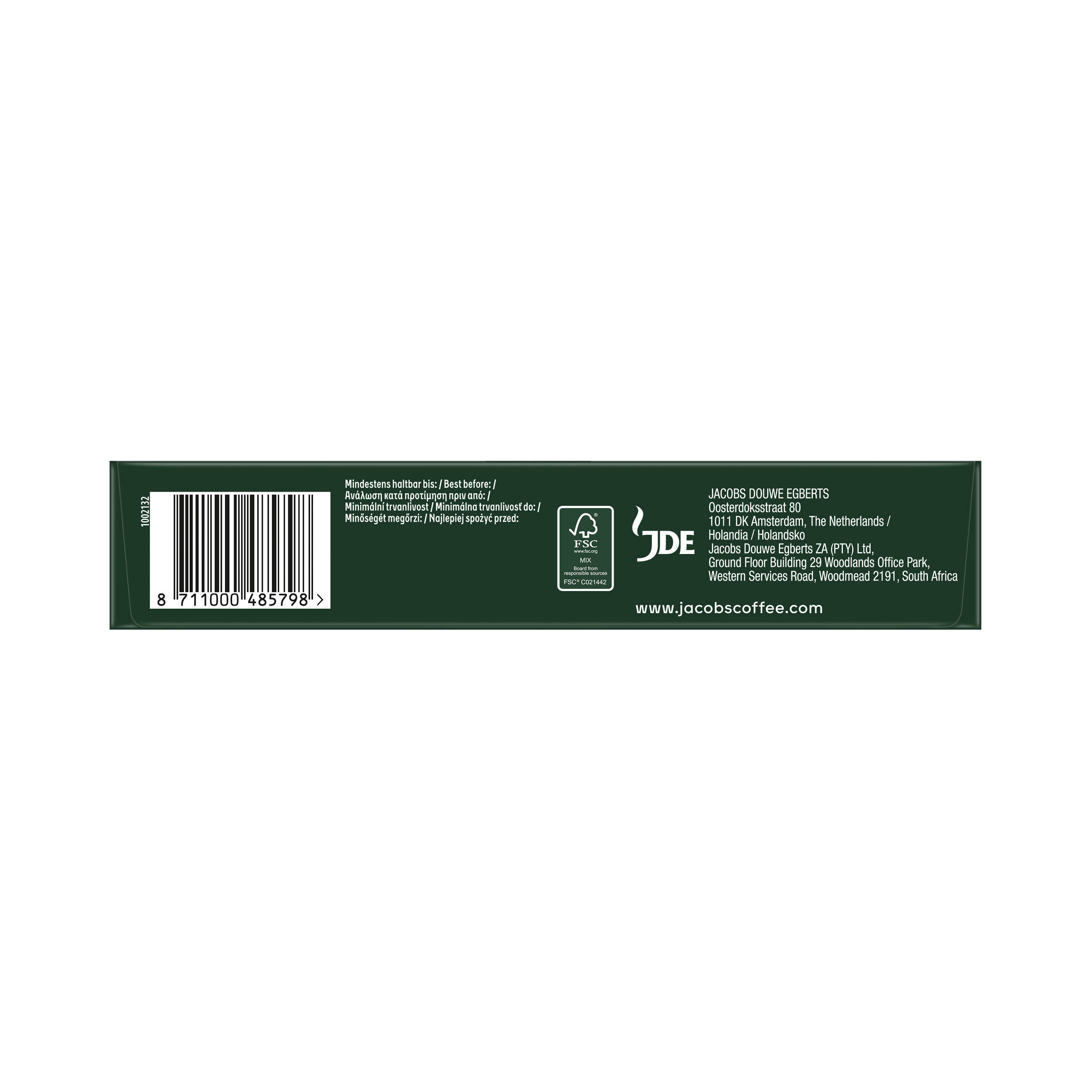 Eine Kaffeeverpackung mit Text und Barcode. Der Markenname lautet Jacobs Douwe Egberts. Grüner Hintergrund.