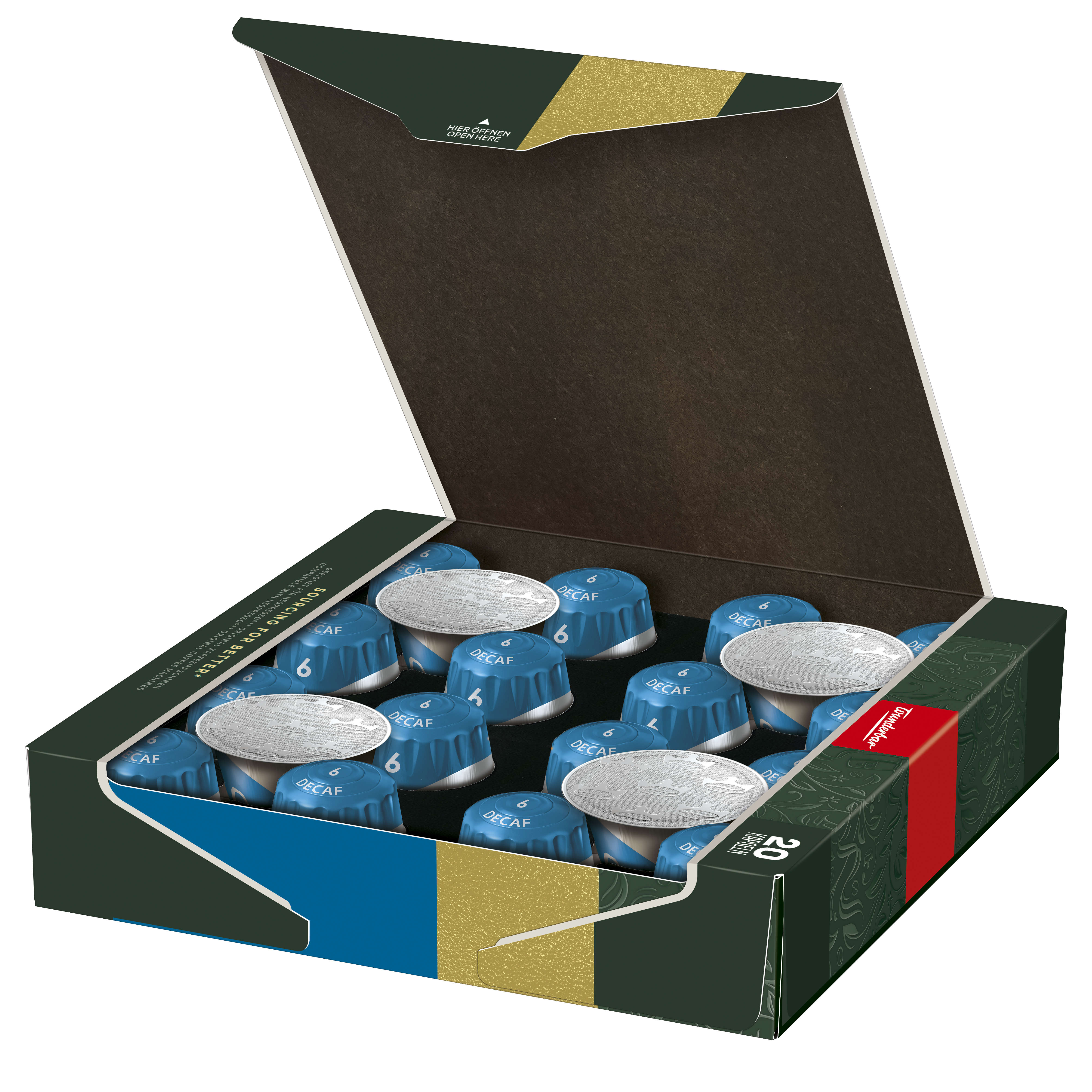 Geöffnete Schachtel mit entkoffeinierten Kaffeepads. Die Schachtel ist grün und blau.