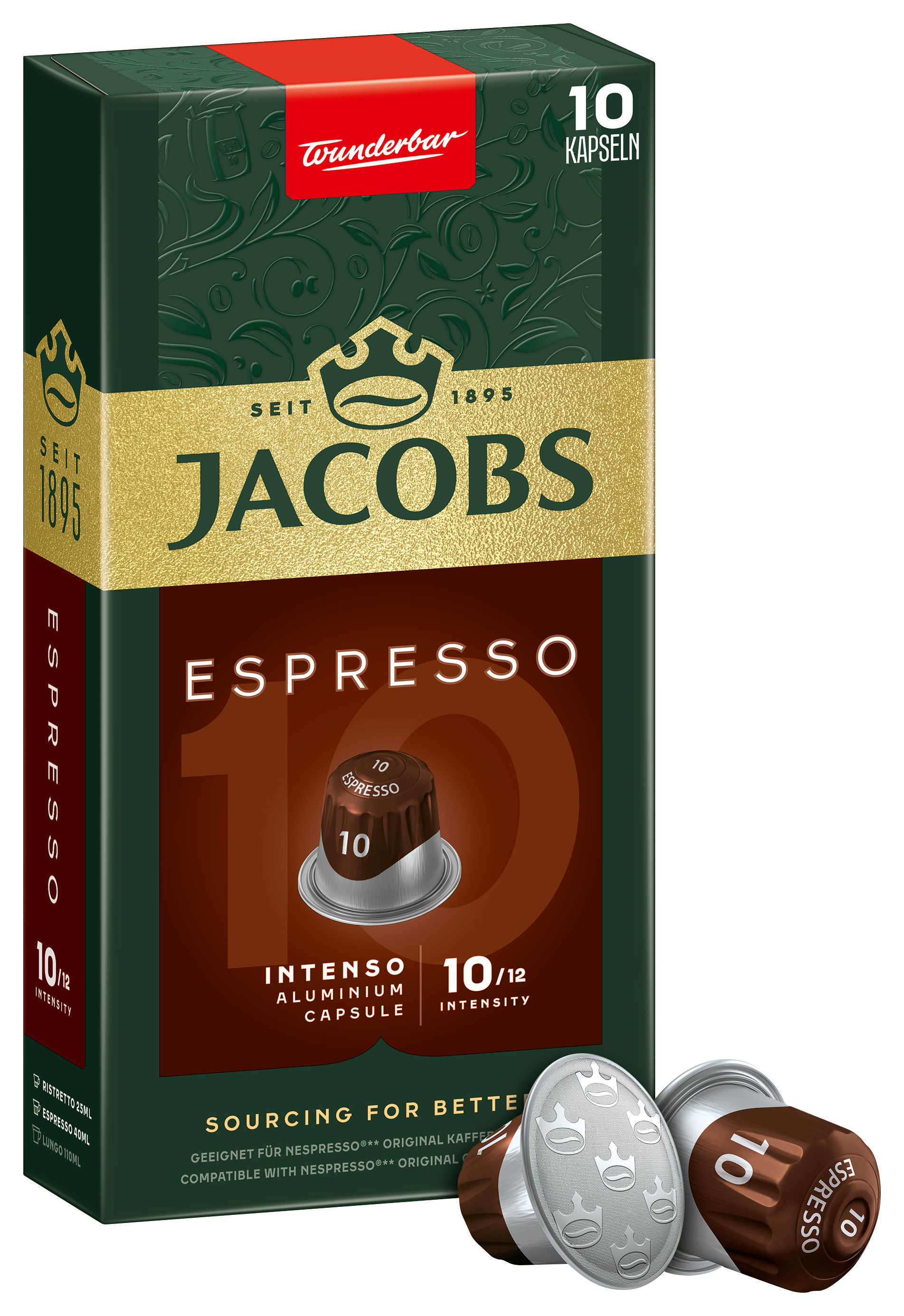 Eine Schachtel Jacobs Espresso Kaffeekapseln. Die Schachtel ist grün, braun und gold, mit Kaffeekapseln drumherum.