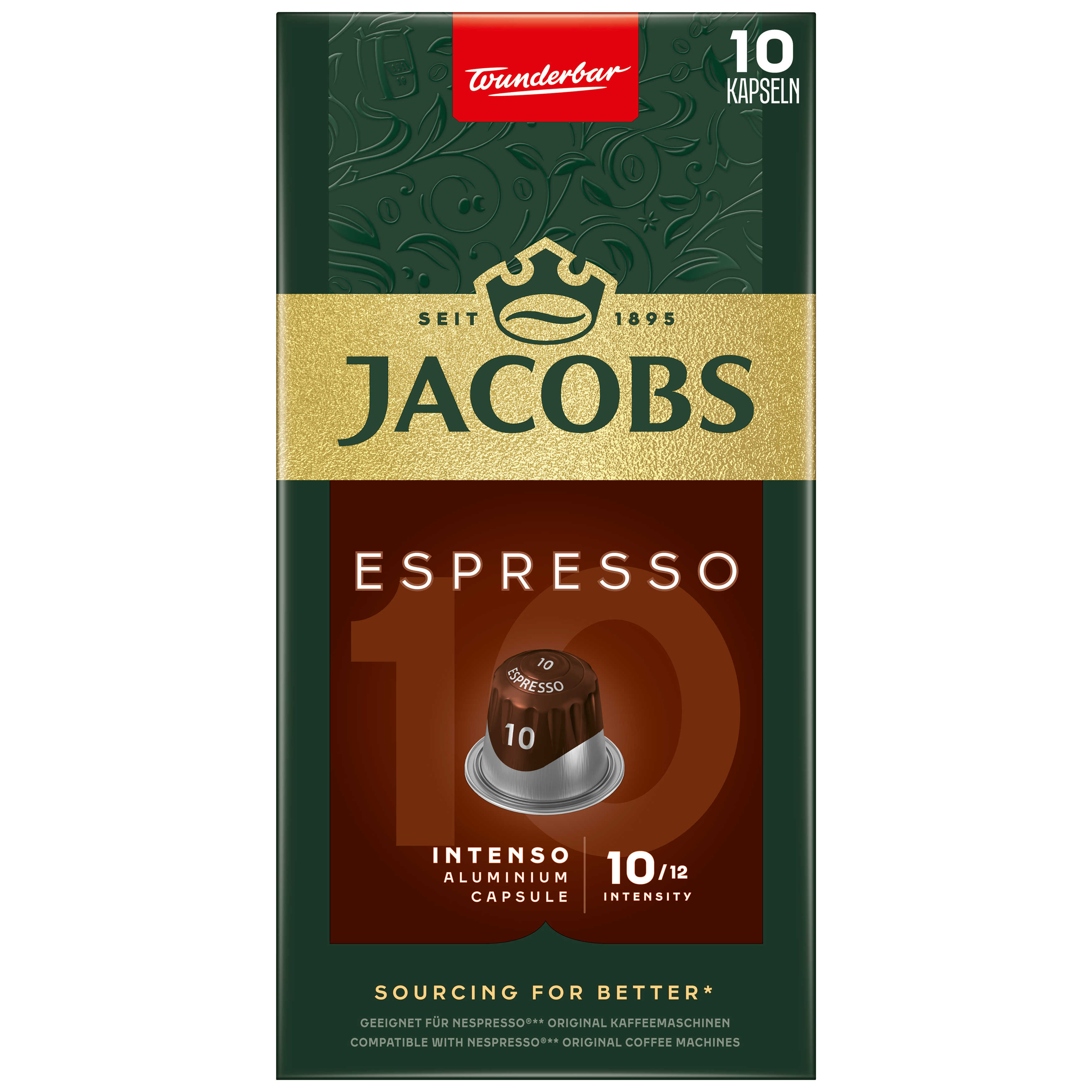 Jacobs Espresso Kaffeekapselbox, braune und grüne Farben. Sie hat ein Kapselbild auf der Vorderseite.