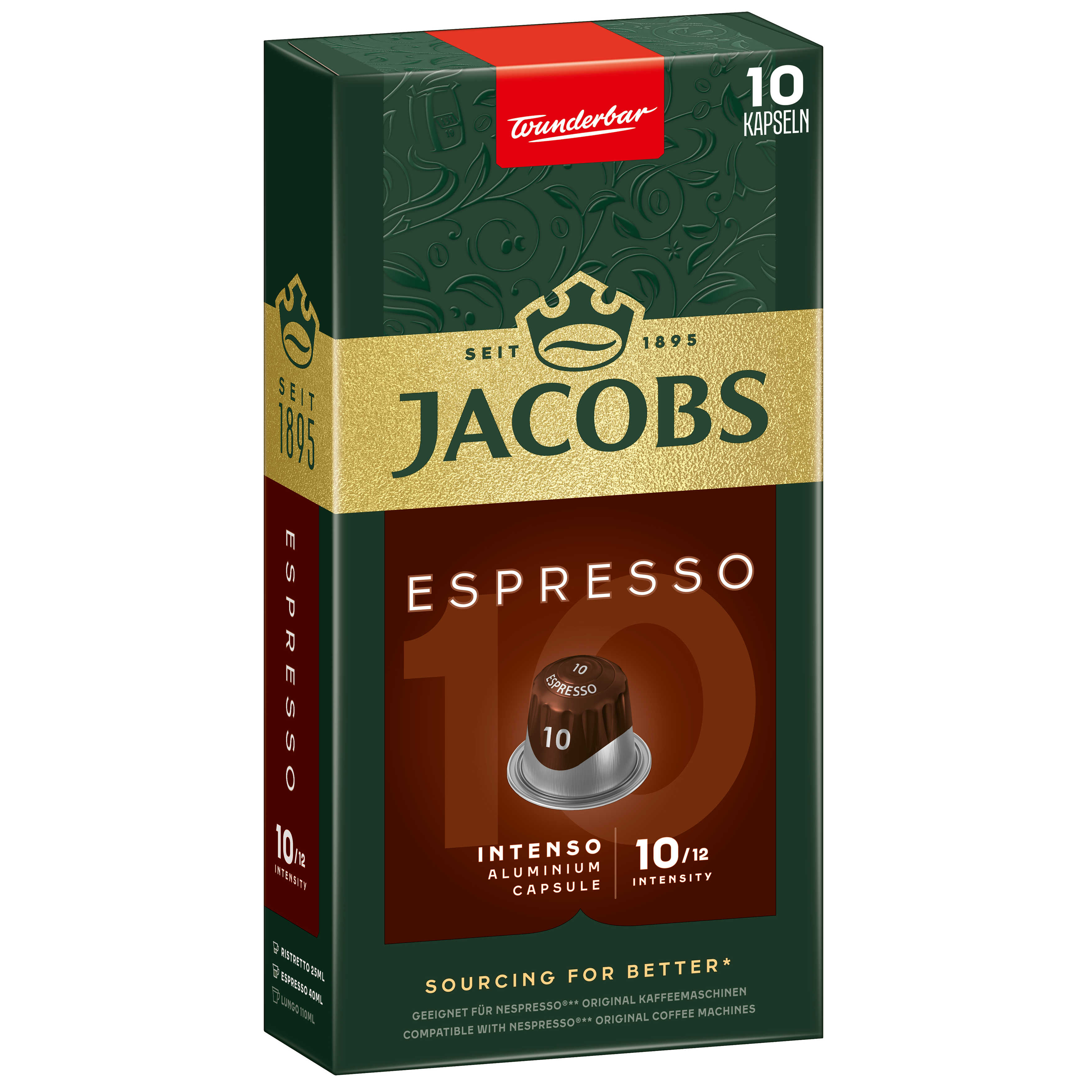 Jacobs Espresso Kaffeepackung. Dunkelgrüne Schachtel mit goldenem Text. Weißer Hintergrund.