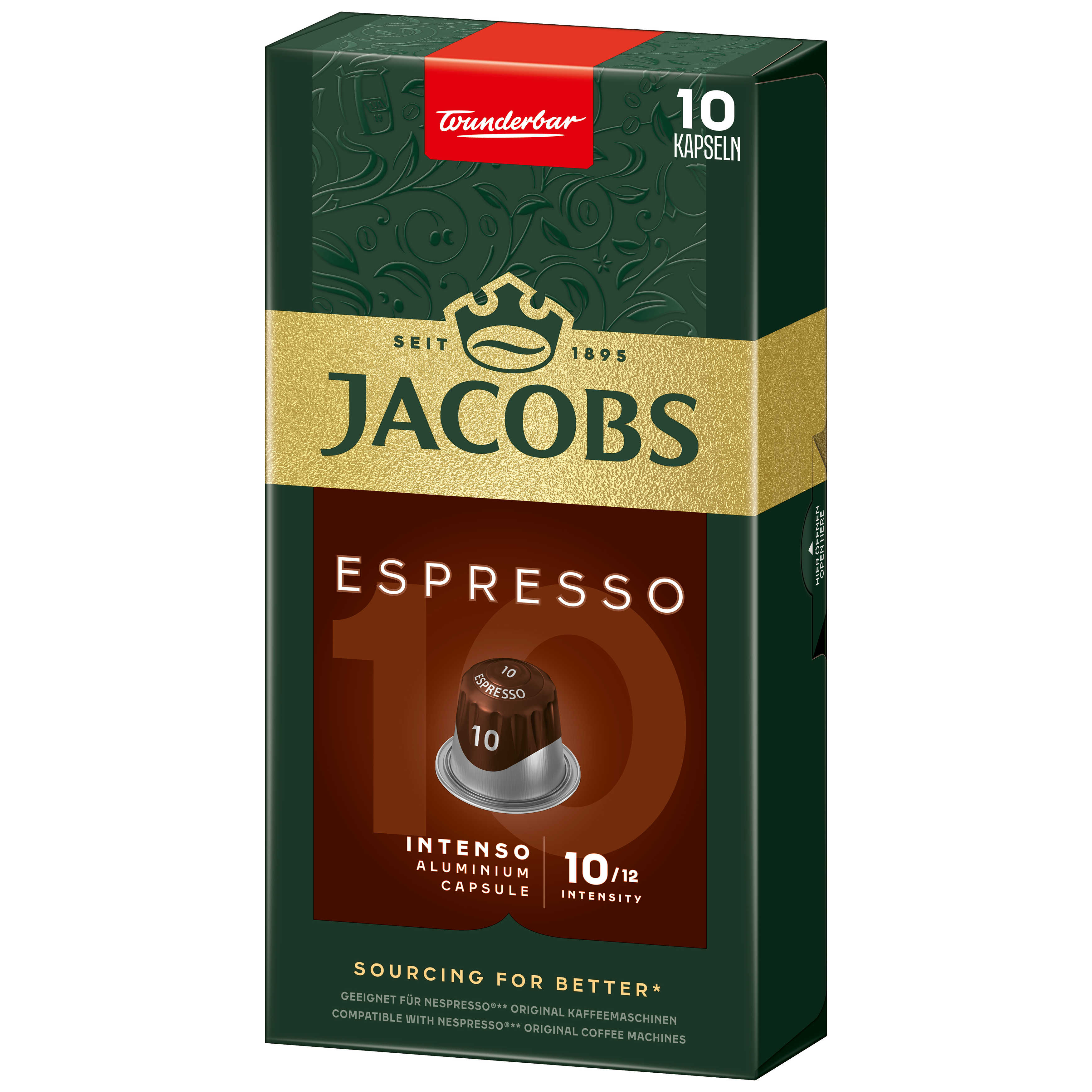 Jacobs Espresso Kaffeekapseln Box. Grün und braun. Enthält 10 Kapseln. Text: Espresso, 10 Intensität.
