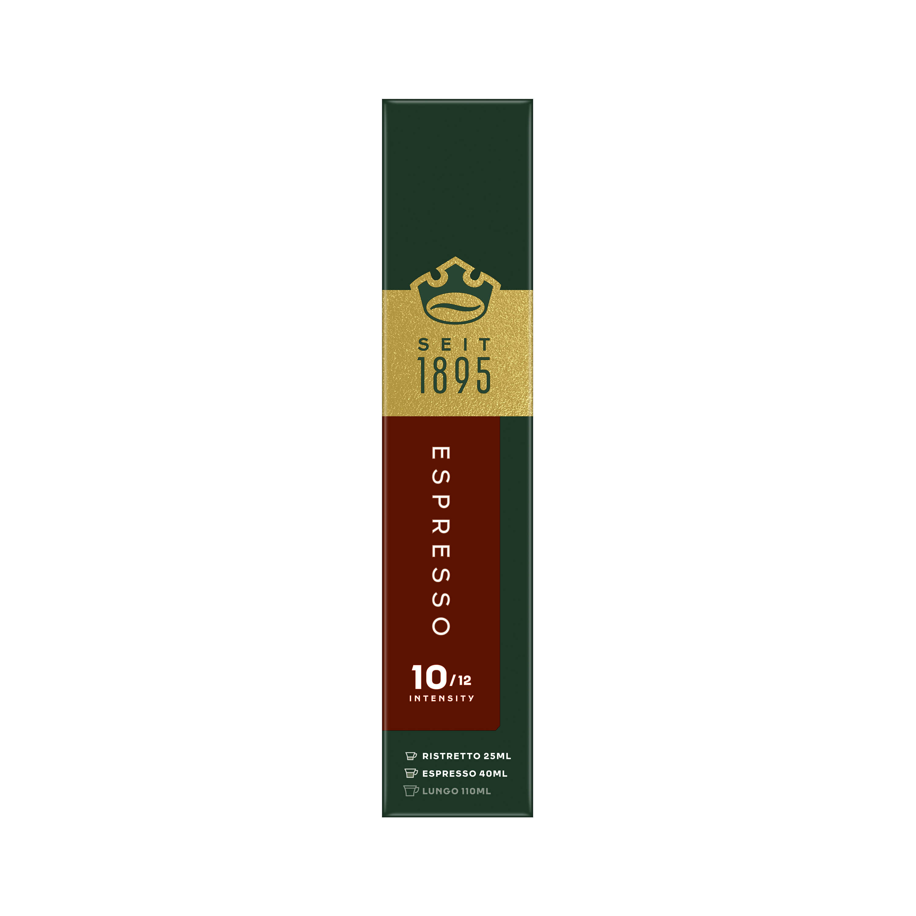 Espresso-Kaffeepackung, dunkelrotes und grünes Design. Steht 'Espresso' und '10/12 Intensität'.