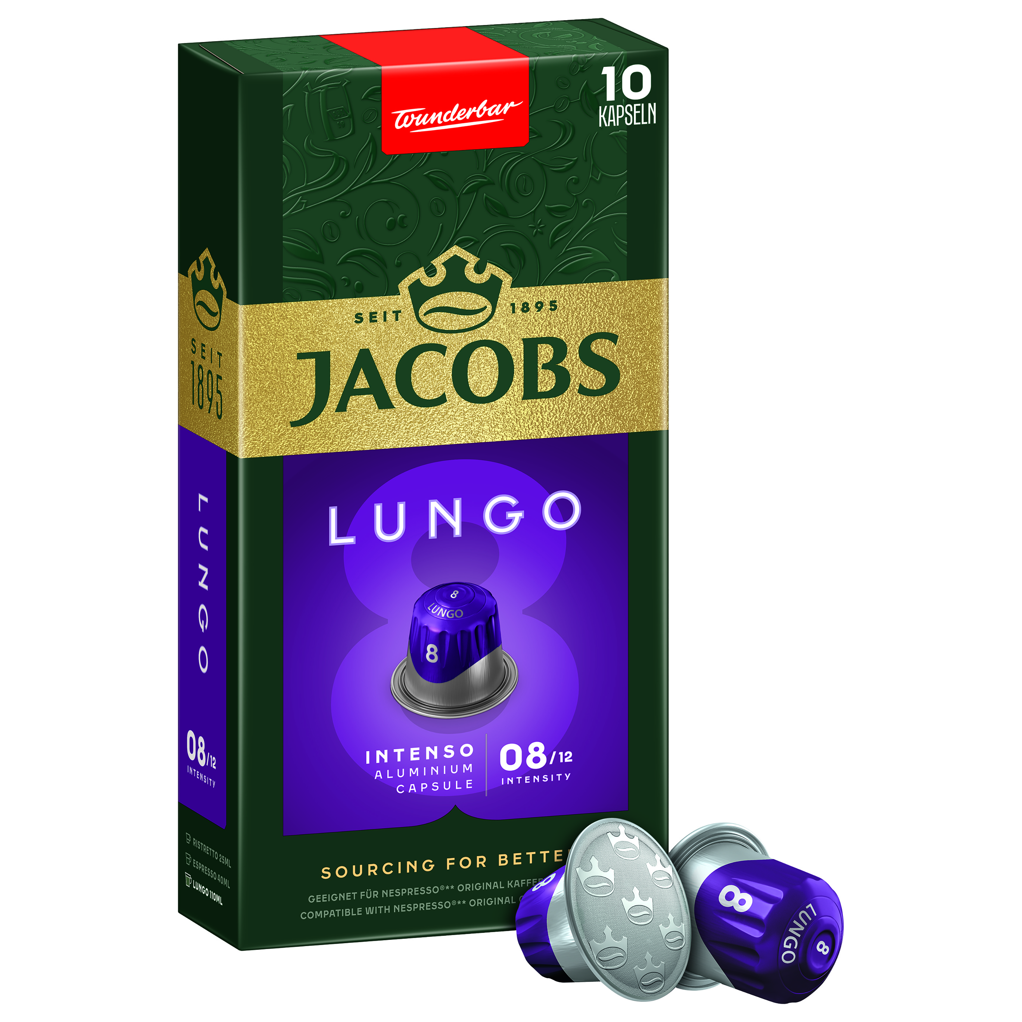 Jacobs Lungo Kaffeekapselbox, lila und grüne Farben. Einige Kapseln sind außerhalb der Box.