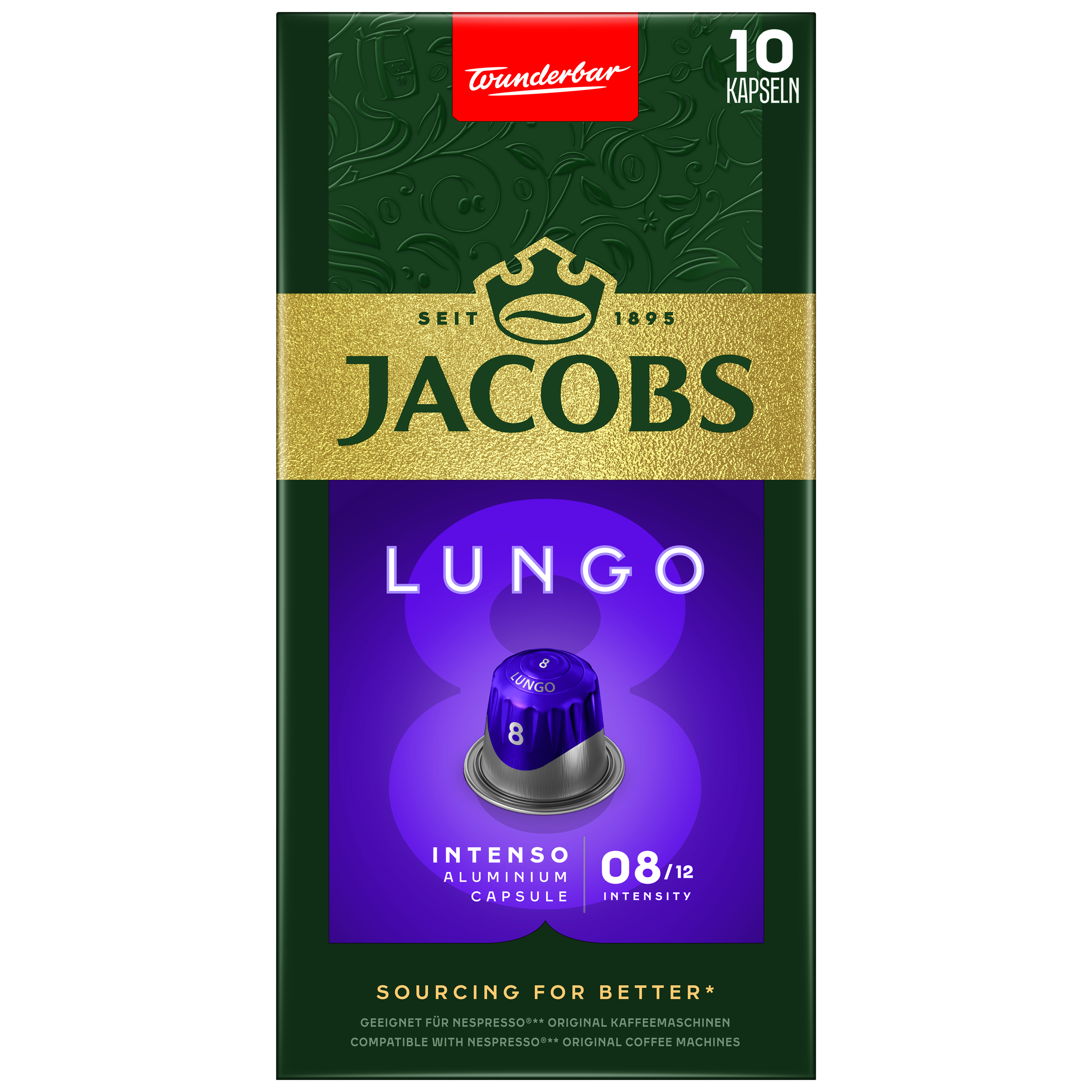 Eine Schachtel Jacobs Lungo Kaffeekapseln. Die Schachtel ist lila, braun und gold, mit Kaffeekapseln drumherum.