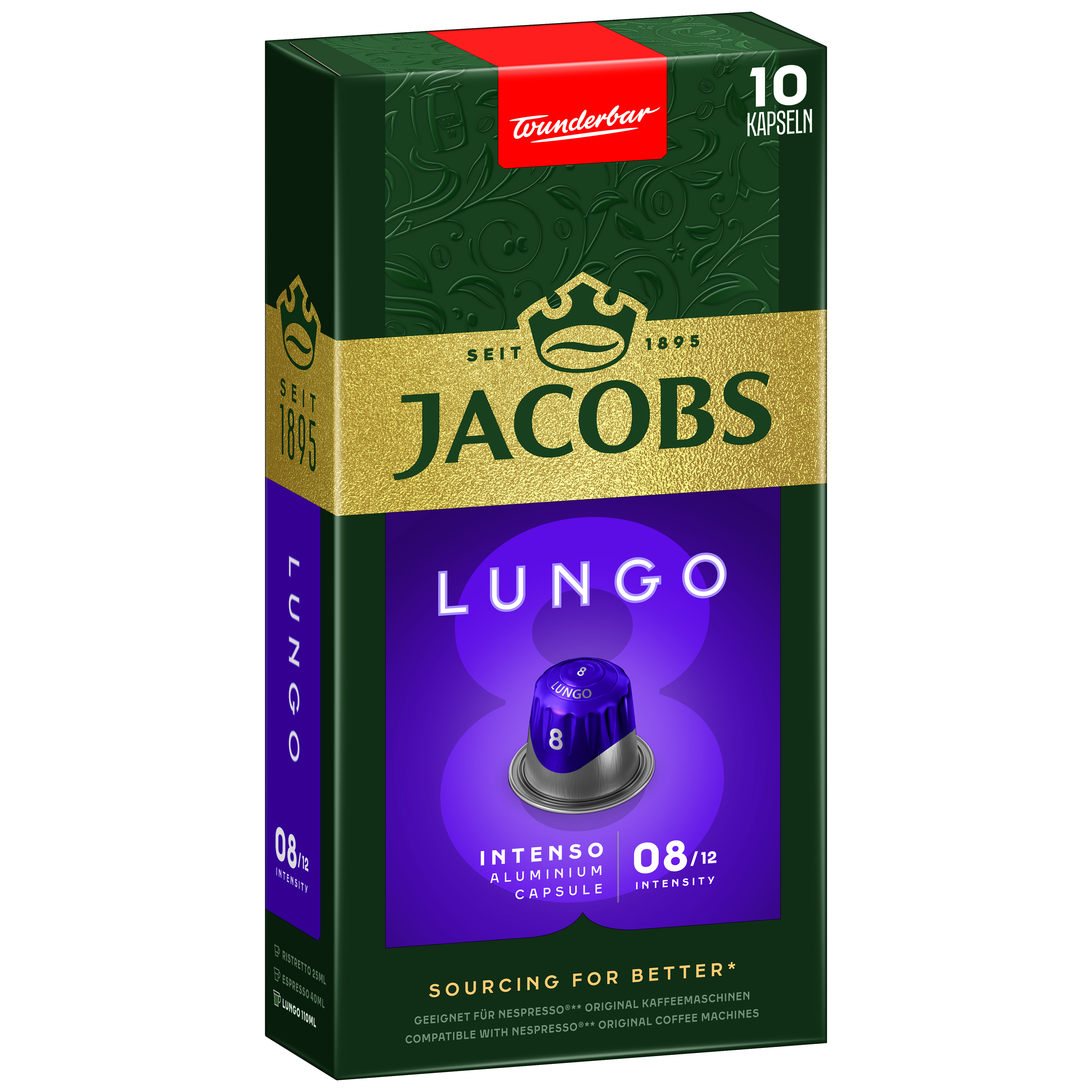 Eine Jacobs Lungo Kaffeekapselbox. Sie hat ein grünes und goldenes Design und eine lila Kapsel.