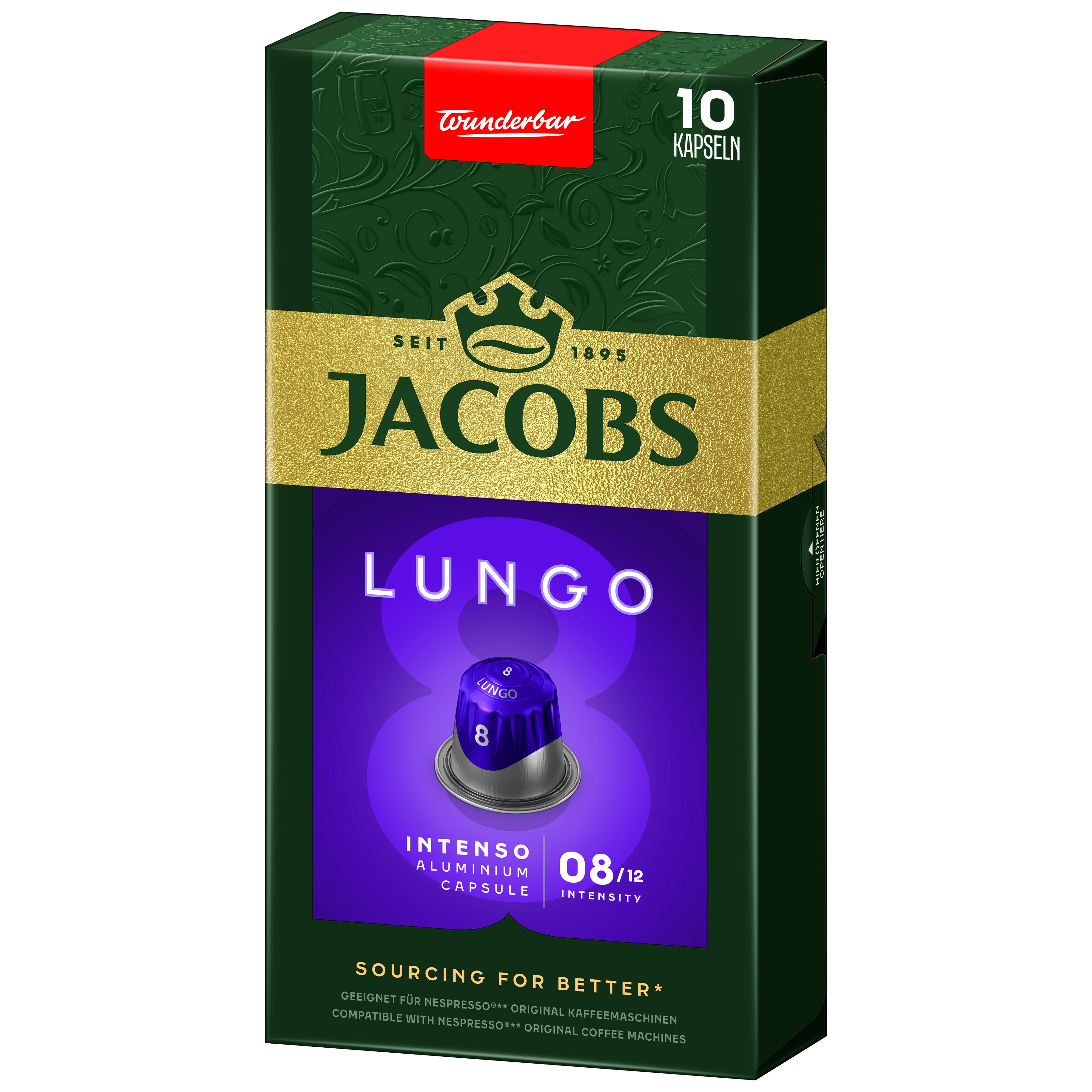 Eine Schachtel Jacobs Lungo Kaffeepads mit einer Intensitätsbewertung von 8/12.