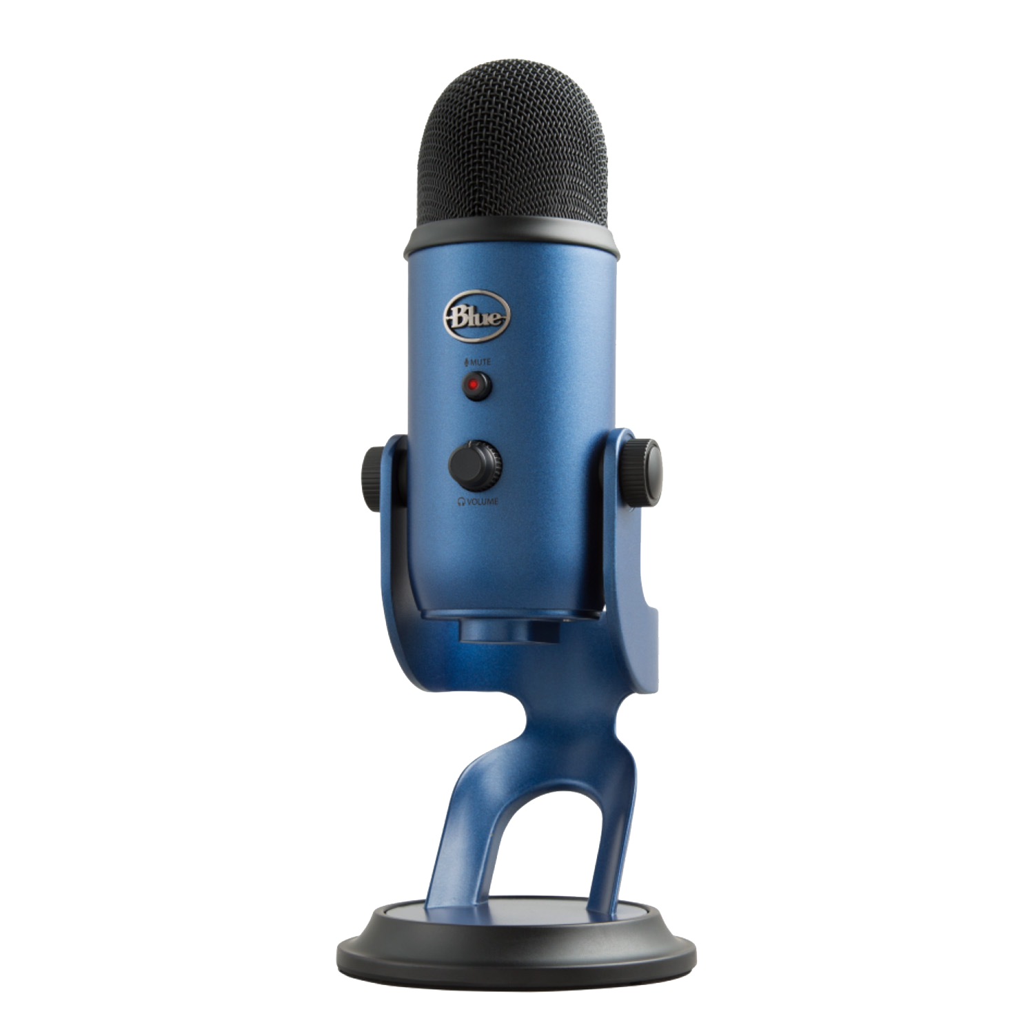 Niebieski mikrofon Blue Yeti z czarną siatką, na czarnym stojaku na czarnym tle.