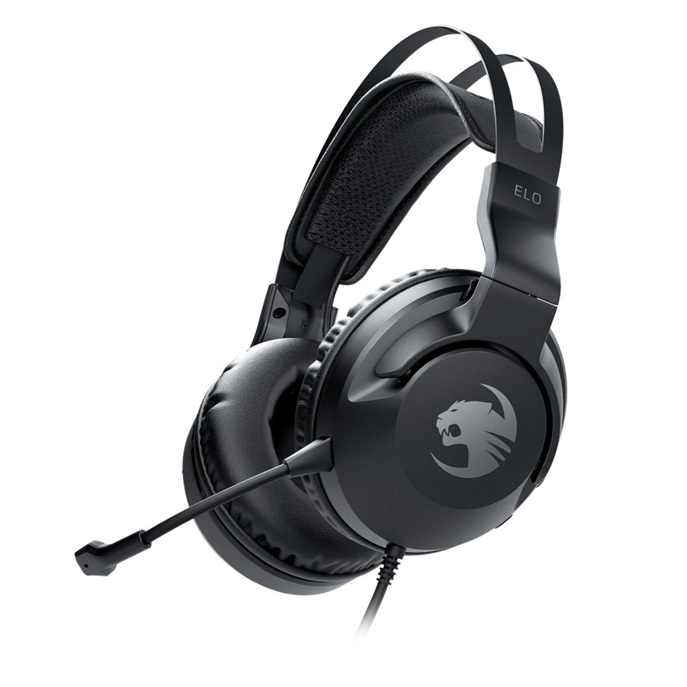 Schwarzes Gaming-Headset mit Mikrofon, isoliert auf weißem Hintergrund.