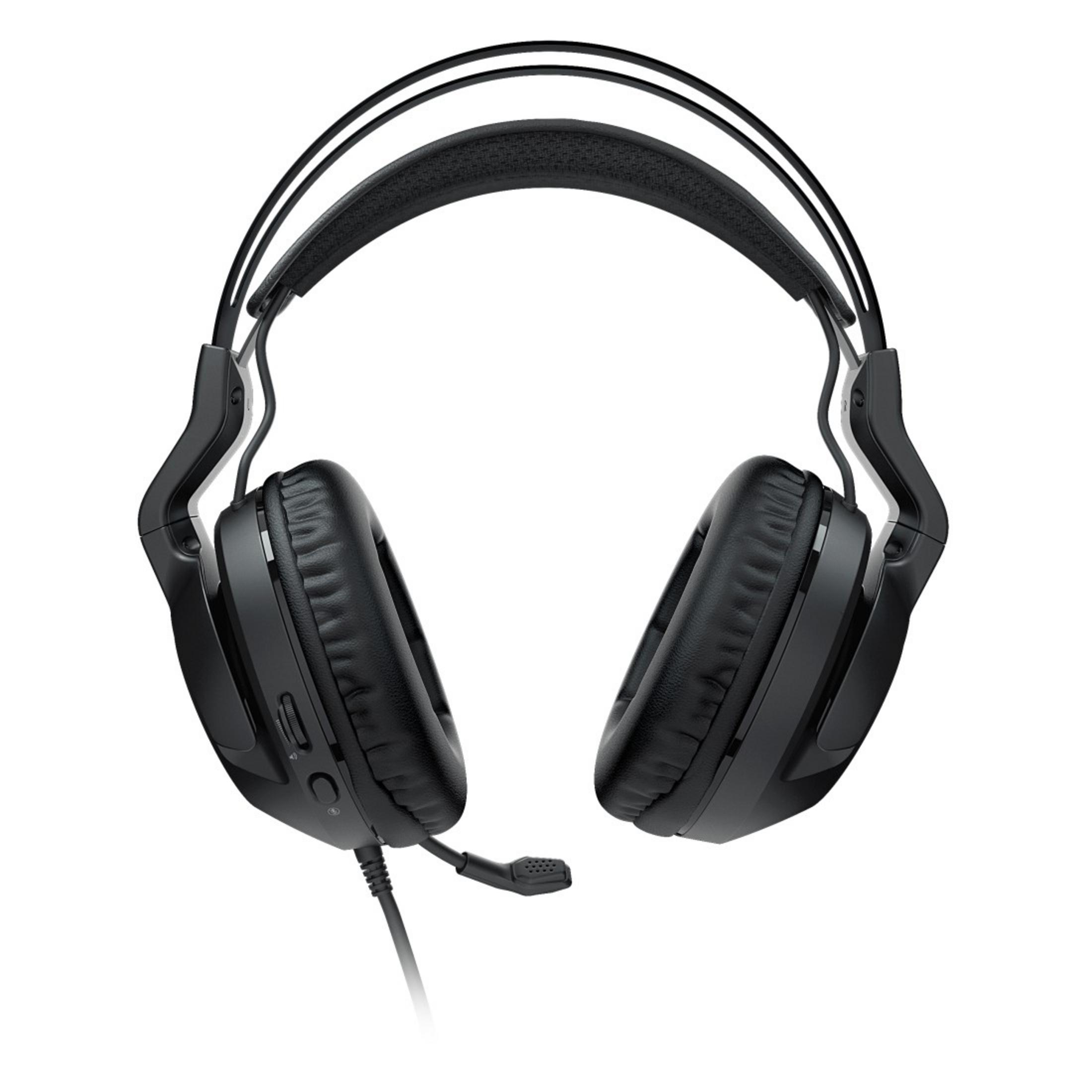 Schwarze Kopfhörer mit Mikrofon. Das Design ist Over-Ear und hat ein flexibles Mikrofon.